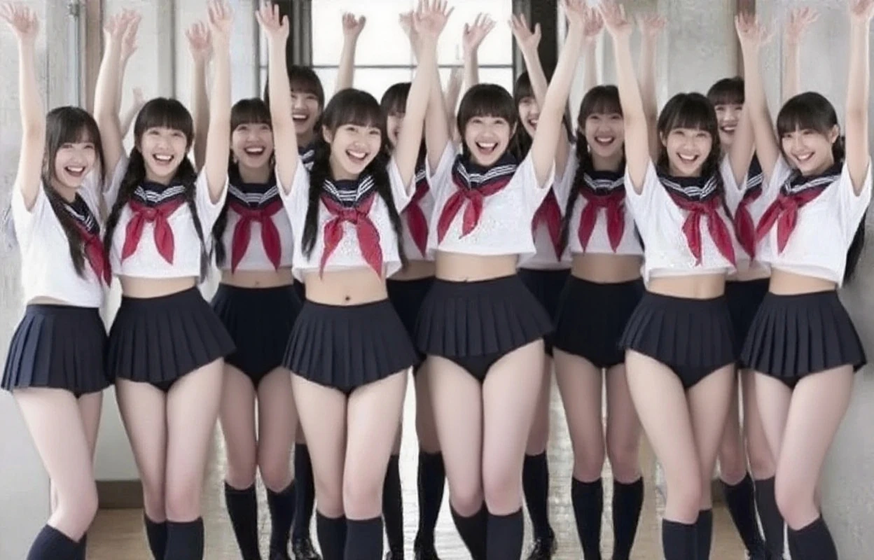 ((masterpiece、Highest quality))、snap shot、Idol Concert、Concert Stage、(three cute naked girls、12 years old、smile、sing、Ribbon Hairband )、(((Full nudity、Pussy)))、((The characters are unique))