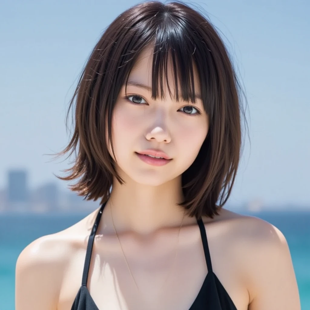 a lot of details, (underweight), 30 years old, detailed black hair, beautiful detailed hair, super  beautiful, delicate beautiful face, complex details beautiful and delicate eyes, perfect hands, (flat chest best quality:1.5), perfect and delicate limbs, detailed skin, best quality, ultra-detailed,(cheerful grin:1.3),
whole body, (from side:1.2), thick thighs, , black short hair, white bikini, floral print cloth, gemstone sea,