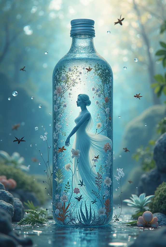 An incredibly detailed and captivating 3D rendering of an enchanting scene featuring a sitting inside a bottle emitting a mesmerizing light, and exotic blue orchids gently enveloping it, adding a touch of fantasy to the enchanting atmosphere. The entire scene is skillfully crafted with pastel tones, subtle gradients, and neon lighting, creating an immersive INA 4D visual experience. This intricate and visually stunning masterpiece, inspired by anime and illustration styles, is perfect for a variety of artistic mediums, including film, fashion, typography, 3D rendering, photography, and other creative endeavors., illustration, anime, fashion, 3D rendering, photo, typography