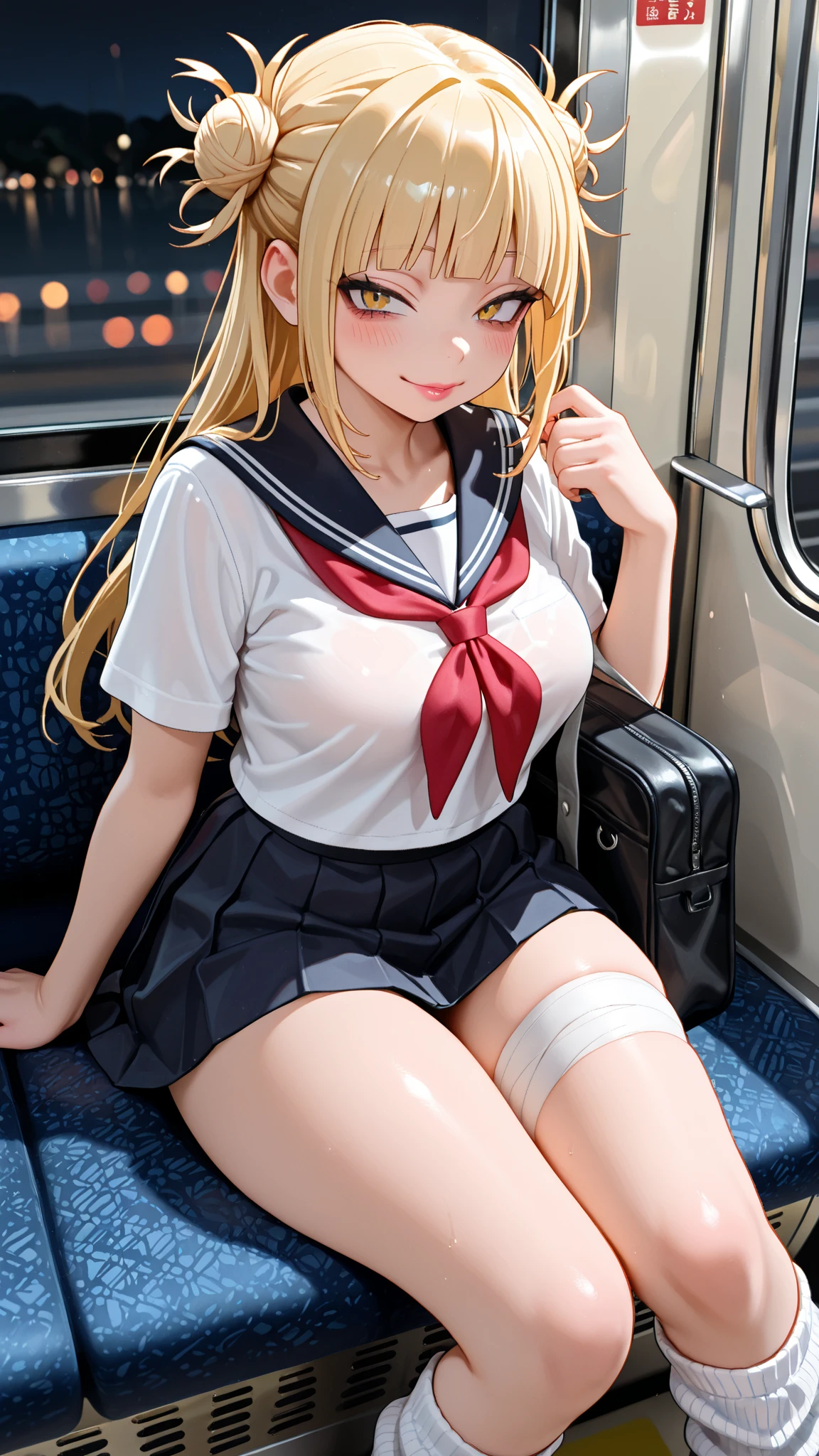 highly detailed, extremely detailed CG unity 8k wallpaper, illustration, highres, absurdres, highly detail, 8K, 1girl sit on the chair in the train, in skirt, open legs, show panties, nsfw, drop、Blonde hair、Longhaire、a sailor suit(white colors)、Sheer underwear、Sexy lingerie、My skin is wet and water is dripping、The bra is sheer、Pants dig into the crotch、