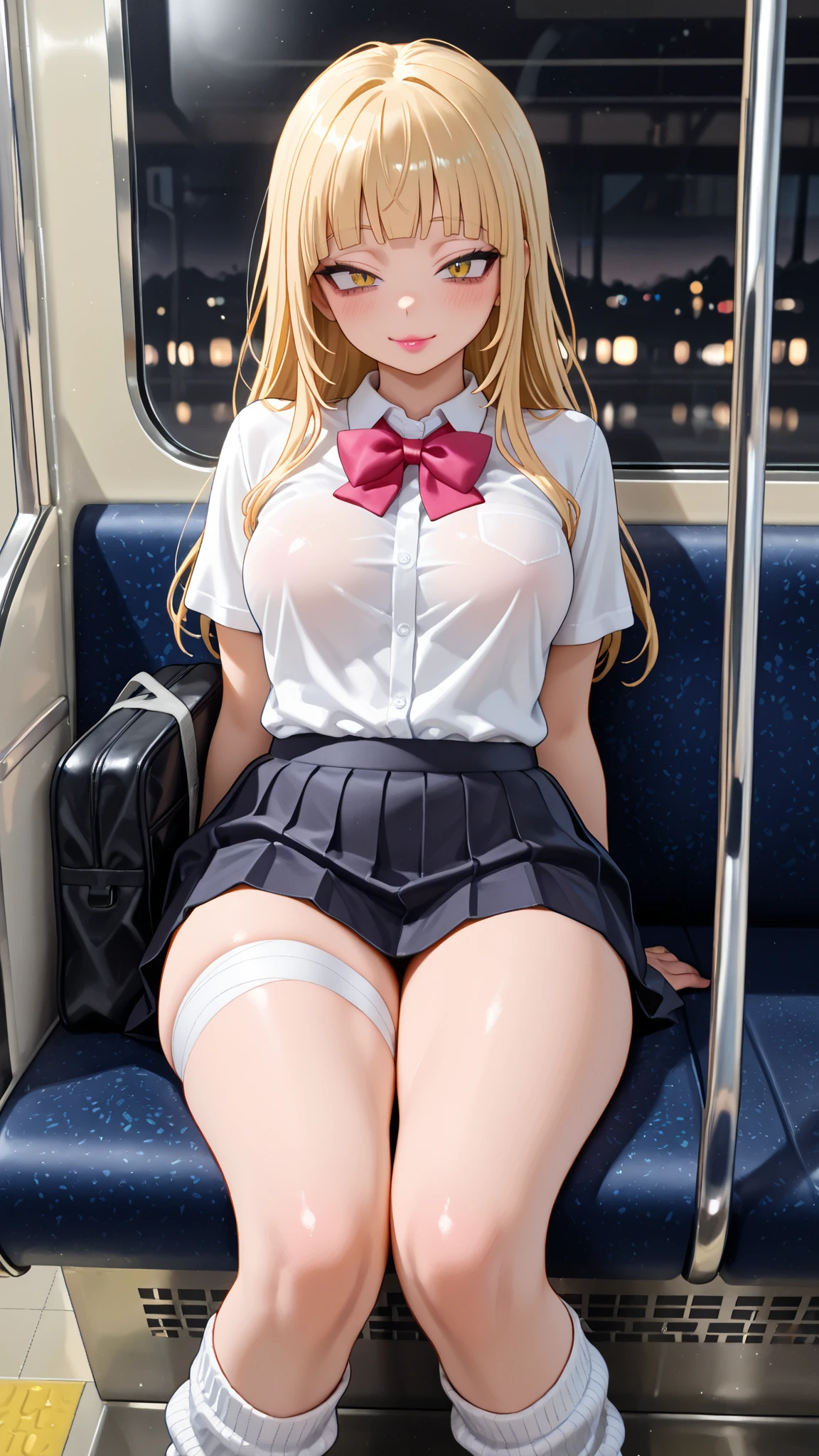 (((Sleeping with legs spread))、(((Shiny underwear)))、Highest quality, 8k, masterpiece :1.3)), whole body, Sharp focus :One Girl,Shiny skin,Sexy pose,Highest quality,Tabletop,shape,Very delicate and beautiful,Hmph,8k壁紙,wonderful,In detail,Official Art,Very detailedなティッカーUnity 8k壁紙,Incredibly ridiculous,Large file size,Very detailedな,High resolution,Very detailed,Beautiful detailed girl,Realistic,X-ray,The queue is full,(((Uniform Blazer、mini skirt)))、(((Big Breasts、Blonde)))、(((train、trainの椅子に座る)))、, ((Long golden hair、))、Sexy pose、Hairstyle: Long hair、Two hands、Kitagawa Marin