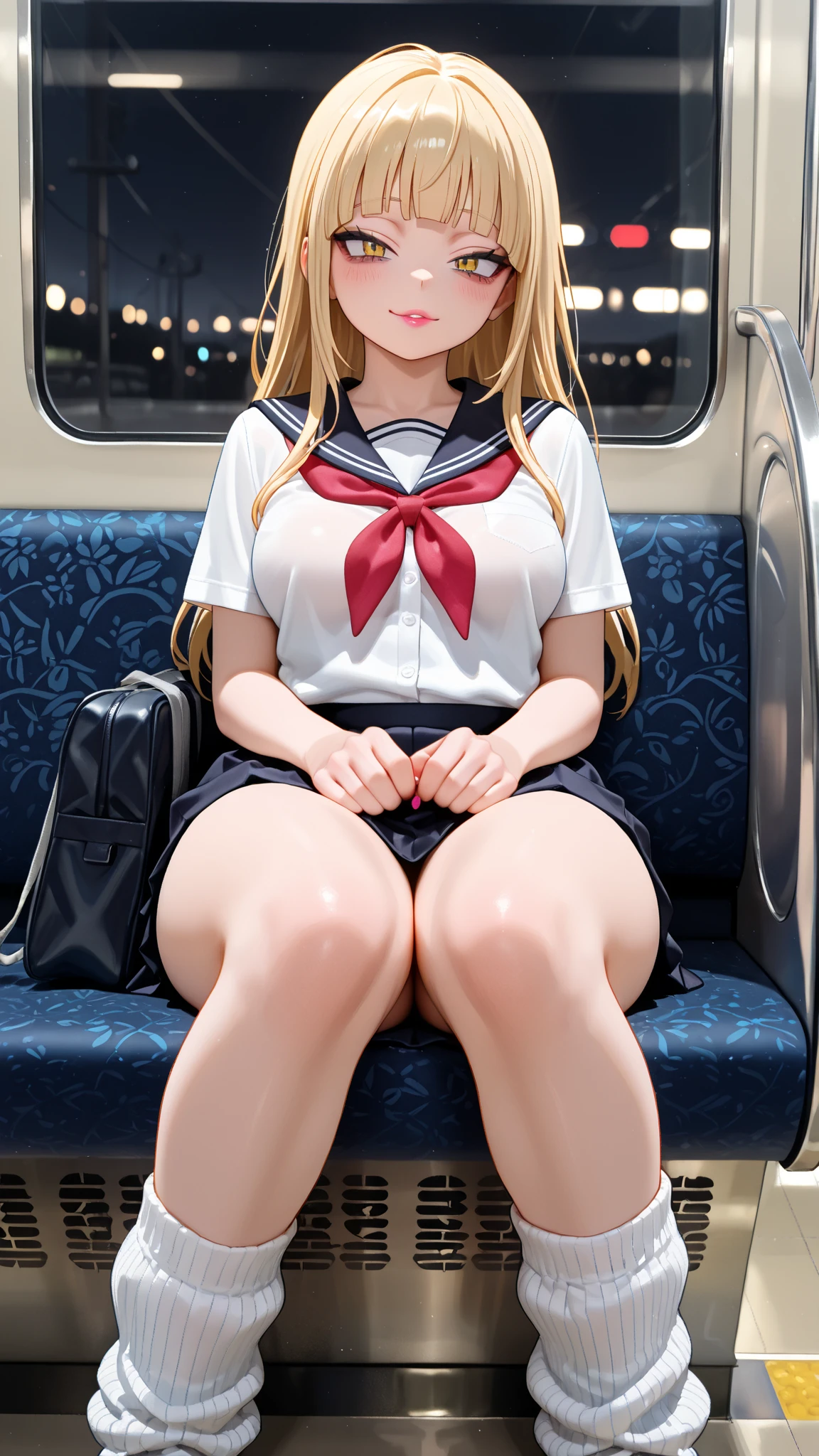 Feet on the floor、on the train、Sit on a chair、Train seats、Train seatsで太ももを開いて座る、sit with your legs apart on the train、Gal, (Anatomically correct,),masterpiece, highest quality, Raw photo, Photorealistic, face, unbelievably ridiculous, Beautiful girls, cute, Blunt bangs, Depth of written boundary, High resolution, 超detailedな, detailed, ighly detailedd, extremely detailedd eye and face, Sharp pupils, Realistic students, Sharp focus, Cinema Lighting, pale and tanned skin,alone,woman,(Wavy Hair,Blonde),(panties), (Short-sleeved sailor suit:1.2),Loose socks, Spread your legs,Wide Hips, ((Sensual;1.5)), Glamour, big breasts,Sunburn marks on tanned skin