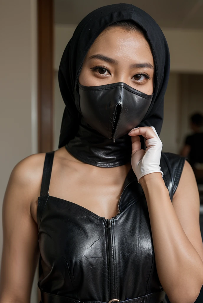 2 Women at home, (((malay women))), wearing hijab and shorts and tank top, big breast, barefoot, tied up and tape gagged