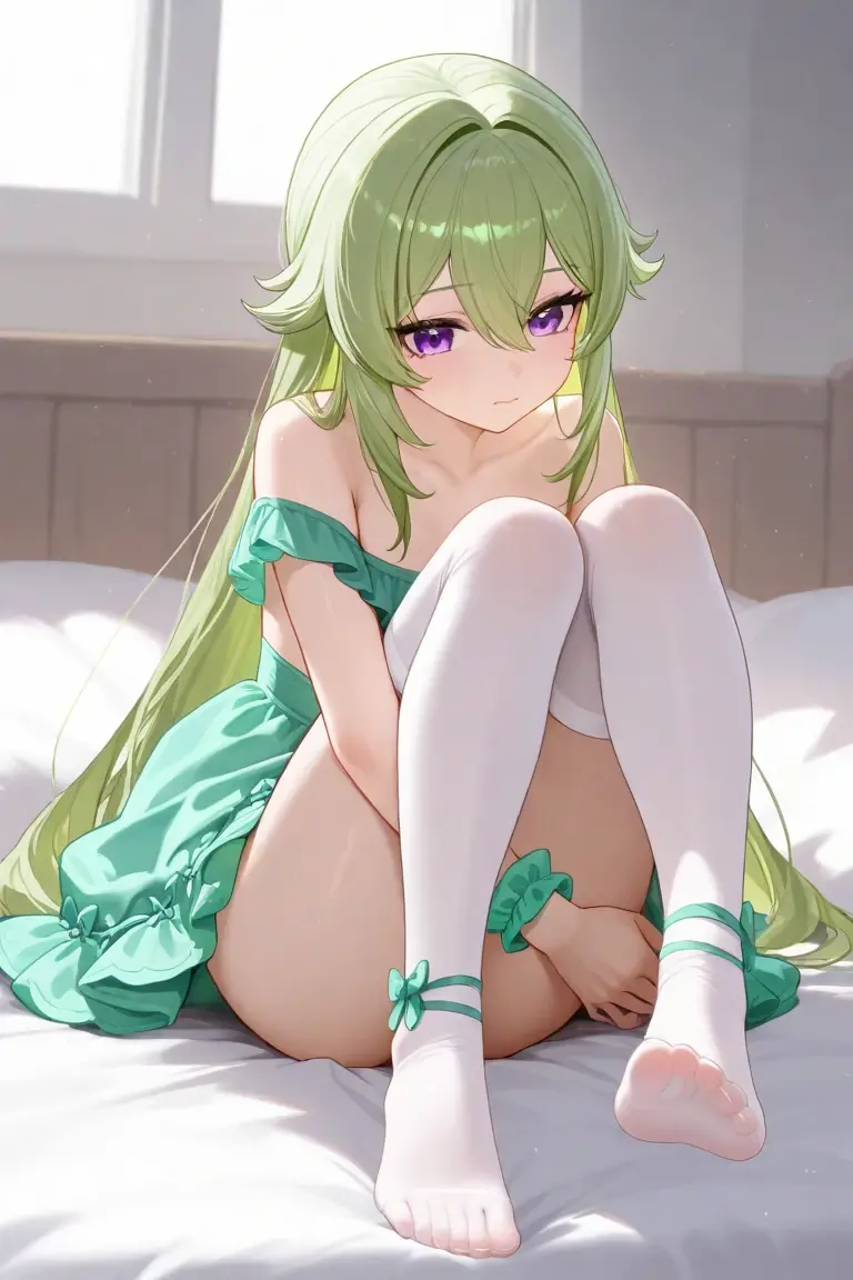 masutepiece, Best Quality, 1girl in, (C.C),Green head hair, (Green eye:1.2),((bunnygirl))、((Leotard))、length hair、((embarassed expression))、((Bedroom))、((rabbitears))、((highleg))、((pantyhose))、((Shoulder out))、((bare neck from shoulders))、((Kneeling))、((Pregnancy))