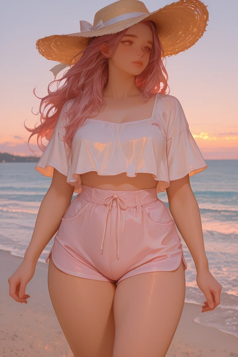 4K, (masterpiece), Highest quality,, ((Browsing Caution:0.9)), (Unbuttoned shirt), panties, (Big Breasts), Nipples, Long pink hair, blue eyes, smile, Full Height, Clear Eyes, Black eyelashes, (intricate and detailed), dramatic, tendency,Full Body Shot,Centered,Wild feeling,Ocean,