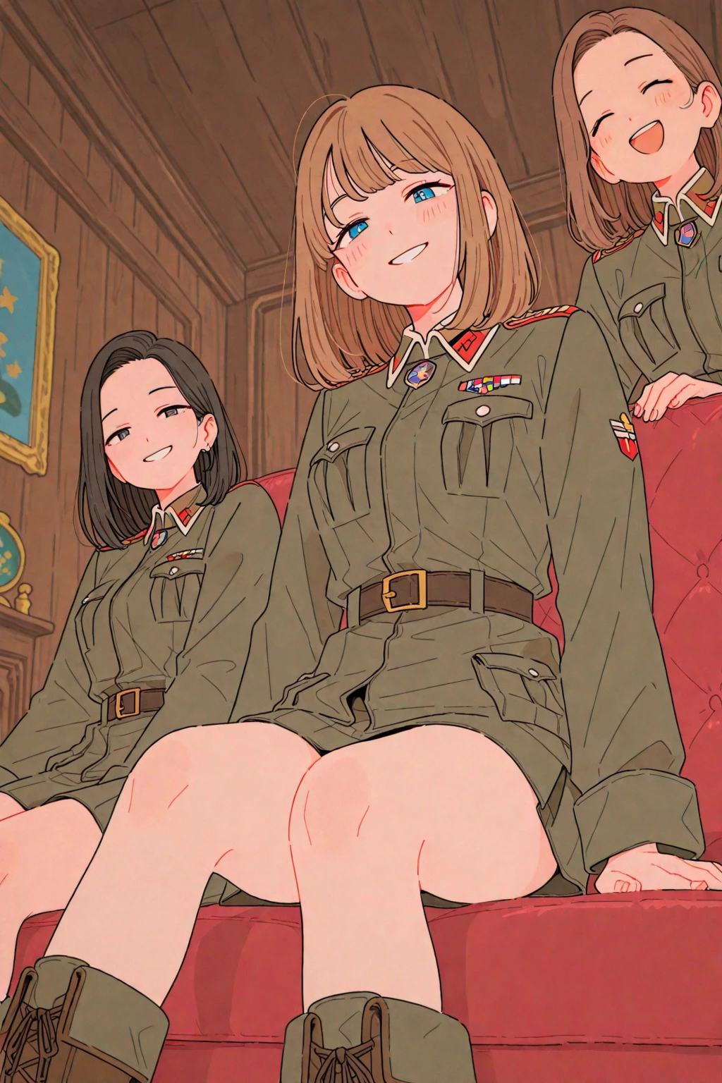 (masterpiece:1.2, best quality), 1girl, young teen, slim, white military outfit, white pleated skirt, (skimpy mini skirt:1.3), skirtlift, upskirt, (no panties), military hat, cadet, smile, blush, sitting by navy ship, anime minimalist, watercolor, (hairy pubes:1.3),