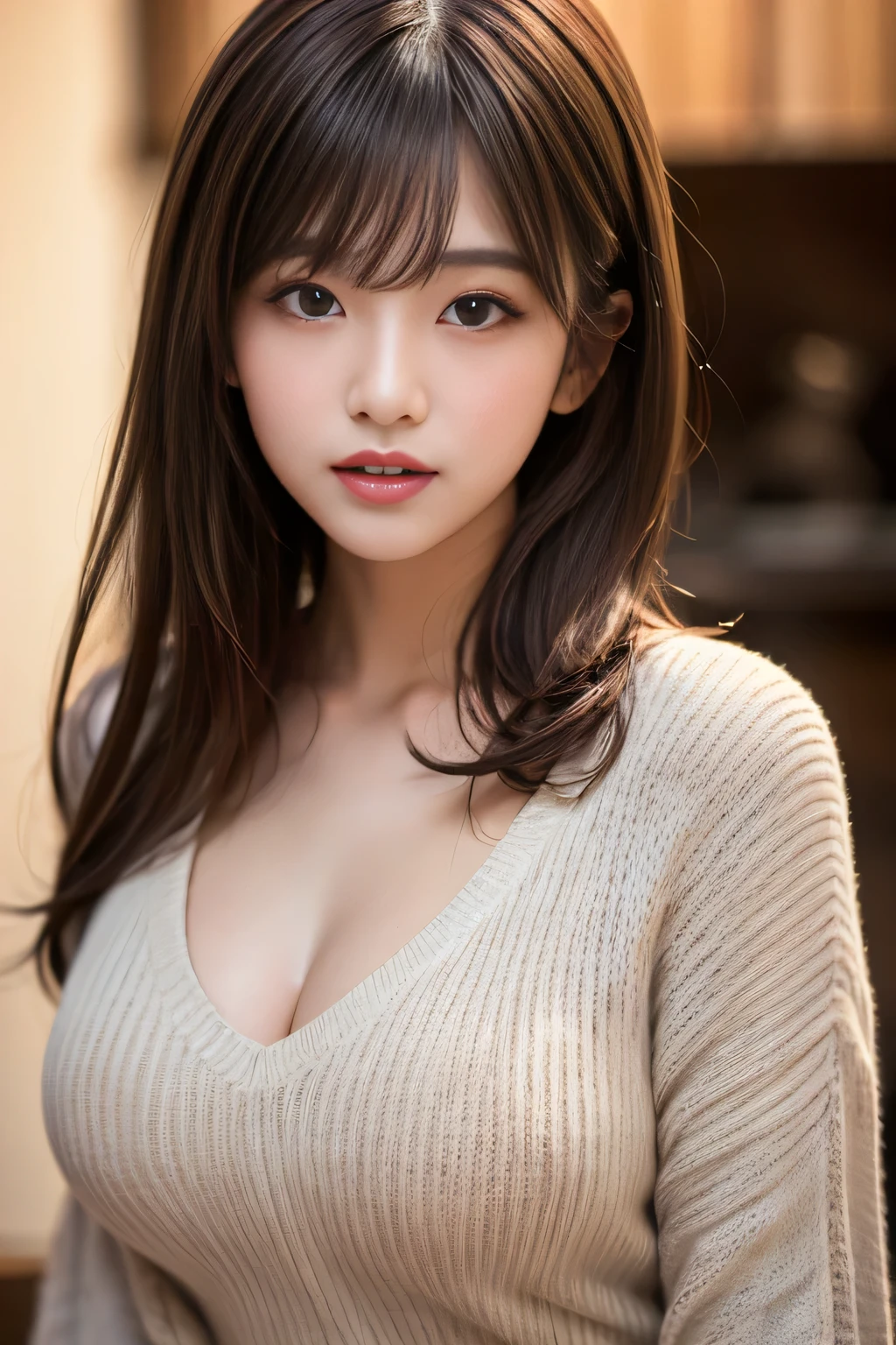 masutepiece, Best Quality, Illustration, Ultra-detailed, finely detail, hight resolution, 8K Wallpaper, Perfect dynamic composition, Beautiful detailed eyes, Natural Lip, Big breasts, Random sexy poses,Raw photo,kawaii,ssmile、Knitted sweater with cleavage visible