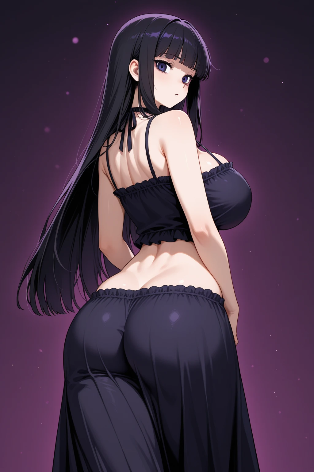 1990s, (masterpiece), high-definition, front view, detailed face, cute girl, perfect body, (big tits: 1.4) big hips, round ass, (black hair with dark purple highlights: 1.4), pleasure face: 1.4 sunset