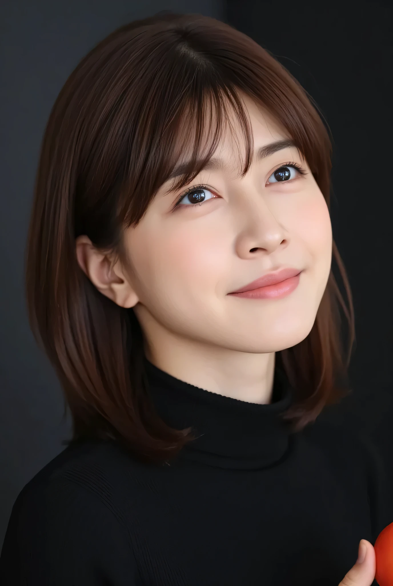 (((face close-up)))、(((Brown straight short bob that reaches her shoulders)))、(((She poses like a model in a hair salon, Indoor black wall background  .)))、(((Casual black winter long sleeve outfit)))、Half Japanese, Half Korean、18 years old、standalone、Headlines just before landing at sea、light eye makeup、brown hair、 flat at honey 、Fluttering in the Wind、Quality of actress、Glossy, Hyperrealistic Face、face smiling from waist up、teary eyes、Look up  、Modest Lighting Effects、 super realistic capture、very detailed、high resolution 16k close-up of human skin holding a small tomato in hand。The texture of the skin is natural、Details where her pores are clearly visible、The skin is healthy、Even Tone、uses natural light and color、  worn out  , high quality photo taken by a model agency'In-house photographer  .、smile、(((   SIGMA 300 mm F   /1.4,1/ 1000 second shutter ,ISO 400))),Yuki Uchida
