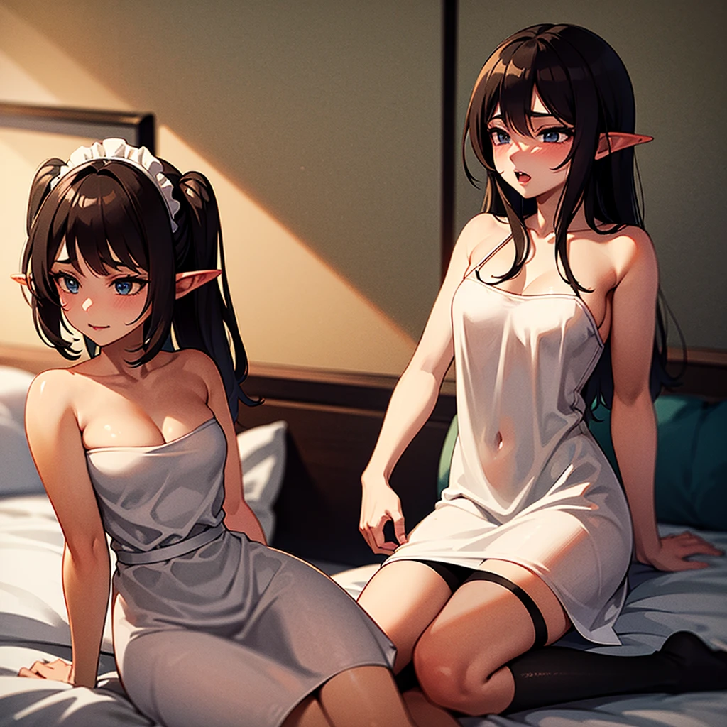 Highest quality、Ultra-high resolution、Fantasy、roleplaying game、Small naked elf girl with no clothes on looking embarrassed、In the bedroom、night