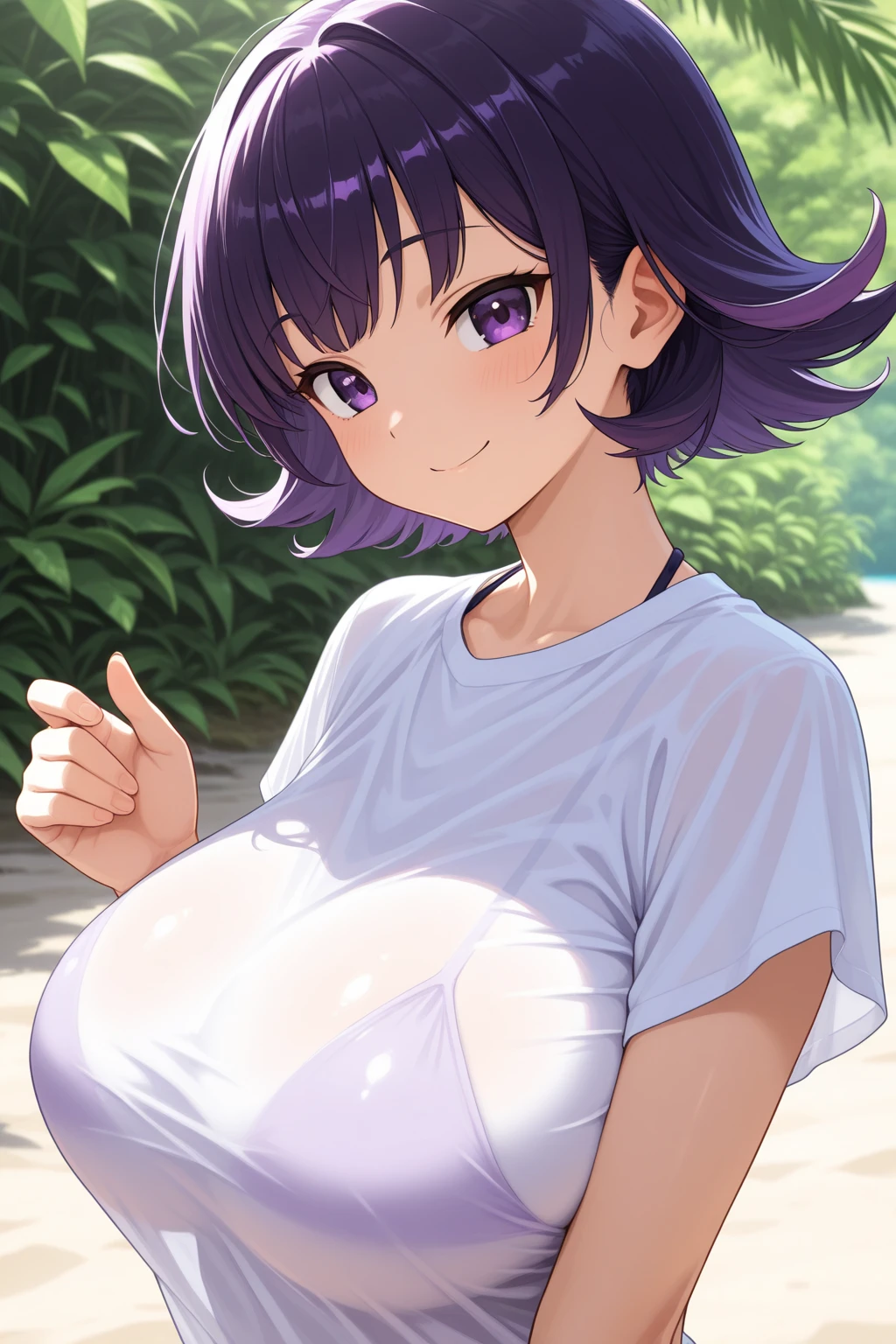 score_9, score_8_up, score_7_up, source_anime, source_explicit, upper body, BREAK 1girl, put palms against under breasts, (large breasts:1.2), shaking breasts, bouncing breasts, outdoors, blush, smile, tanktop, closed mouth, looking at viewer, BREAK, anime screencap, megami magazine, very aesthetic, absurdres, amazing quality, bnp