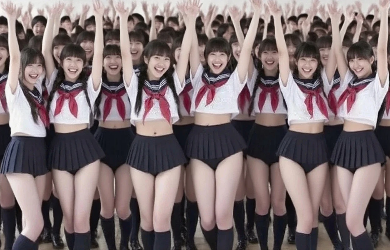 Big Breasts、Nipples、A group of 10 female students standing in a row、Short Hair、ponytail、1 Female、(Super beautiful)、(Facial beauty:1.5)、(Spread your legs:1.3)、(String panties:1.5)、concert、stage、Idol、dress、one piece、White socks、(Black background、長袖 dress:1.5)、Black background High Heels、(At SFW:1.3)、(Bare legs:1.1)