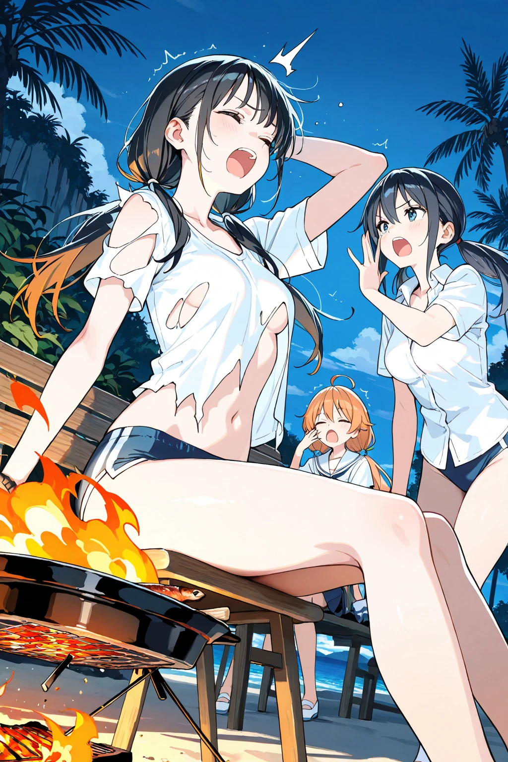 (wearing nothing:2),cooking, empty eyes, ICE CREAM, large breasts, 3girl, long hair, Orange hair, red eyes, pool, sea, , blue sky, short hair, silver hair, silver eyes, maid