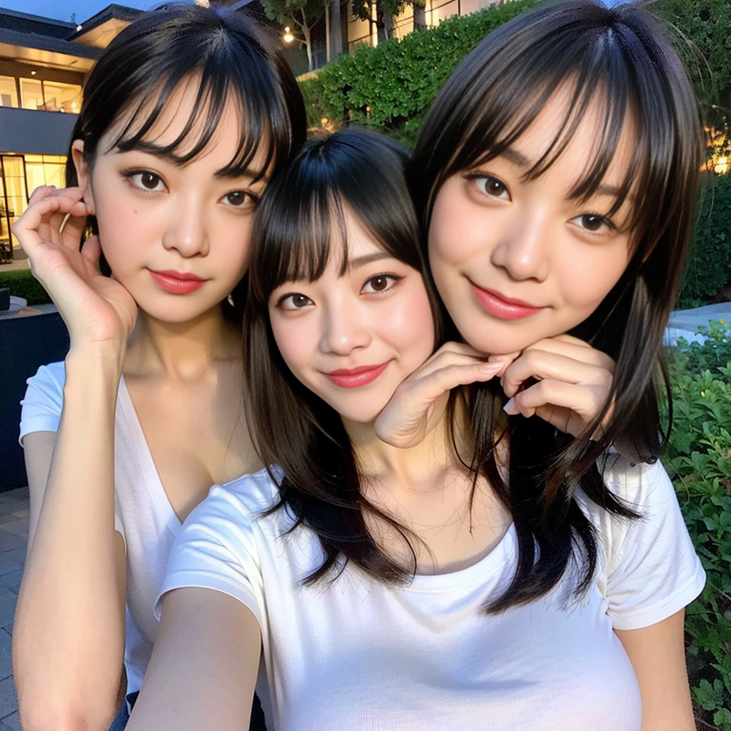 Three smiling girls, Summer Sea, Blowing in the wind for a long time [Blue-black:.3] hair,View Audience, (masterpiece:1.3), (8K, Realistic, RAW Photos, Highest quality: 1.4), Japanese, (One Girl), Beautiful Face, (Realistic Face), beautiful hairstyle, Realistic eyes, Beautiful details, (Realistic Skin), Beautiful Skin, charm, Ultra-high resolution, Ultra-realistic, Very detailed, (Selfie:1.2), (scenery:1.2)