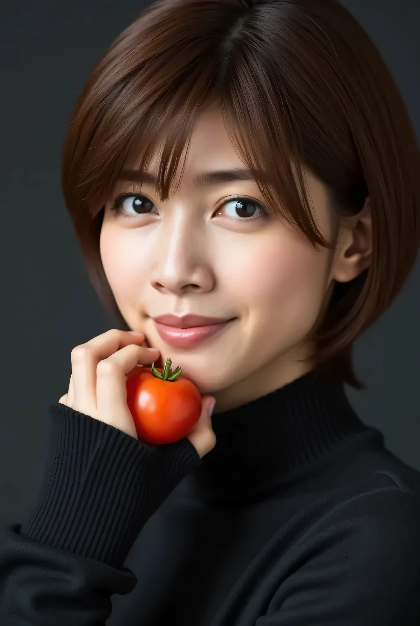 (((face close-up)))、(((Brown straight short bob that reaches her shoulders)))、(((She poses like a model in a hair salon, Indoor black wall background  .)))、(((Casual black winter long sleeve outfit)))、Half Japanese, Half Korean、18 years old、standalone、Headlines just before landing at sea、light eye makeup、brown hair、 flat at honey 、Fluttering in the Wind、Quality of actress、Glossy, Hyperrealistic Face、face smiling from waist up、teary eyes、Look up  、Modest Lighting Effects、 super realistic capture、very detailed、high resolution 16k close-up of human skin holding a small tomato in hand。The texture of the skin is natural、Details where her pores are clearly visible、The skin is healthy、Even Tone、uses natural light and color、  worn out  , high quality photo taken by a model agency'In-house photographer  .、smile、(((   SIGMA 300 mm F   /1.4,1/ 1000 second shutter ,ISO 400))).Yuki Uchida
