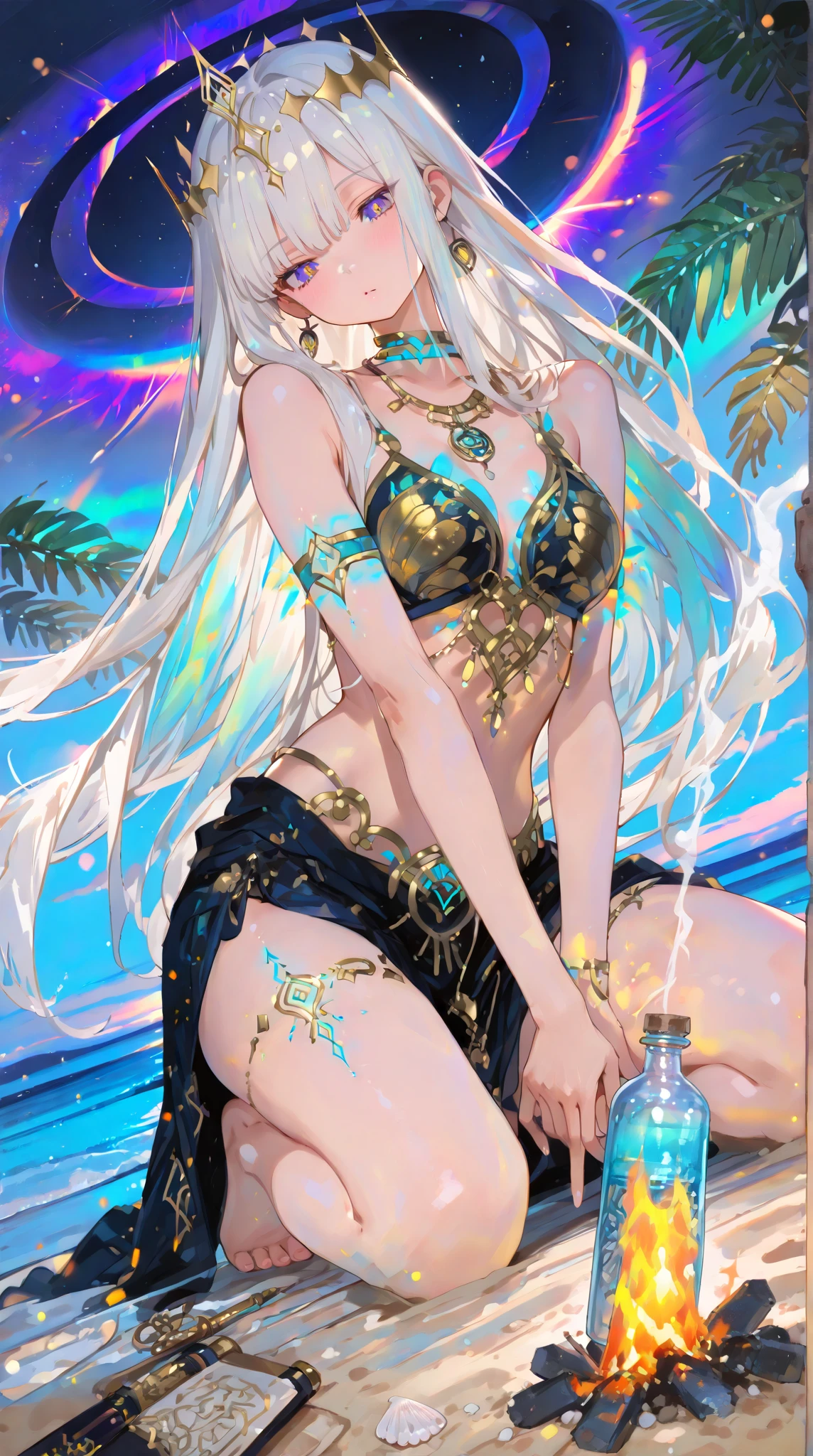 (16k, RAW photos, highest quality, high resolution, absurdity), Emilia re:zero, purple eyes, Emilia, crown braid, x hair ornament, flower hair ornament, white hair, long hair, medium breasts, high-definition RAW color photos, professional photos, paper-cut art, (layered silhouette: 1.2), intricate patterns, delicate craftsmanship, shadow play, depth and three-dimensionality, creative expression, dynamic angles, high contrast, sitting, (1 girl, solo), leopard ears, (beautiful detailed face, beautiful detailed eyes), slender, mid-breasted, long hair, noble, bikini armor, jewelry, crystal, pale red lips,full color,(depth of field),(navel one)