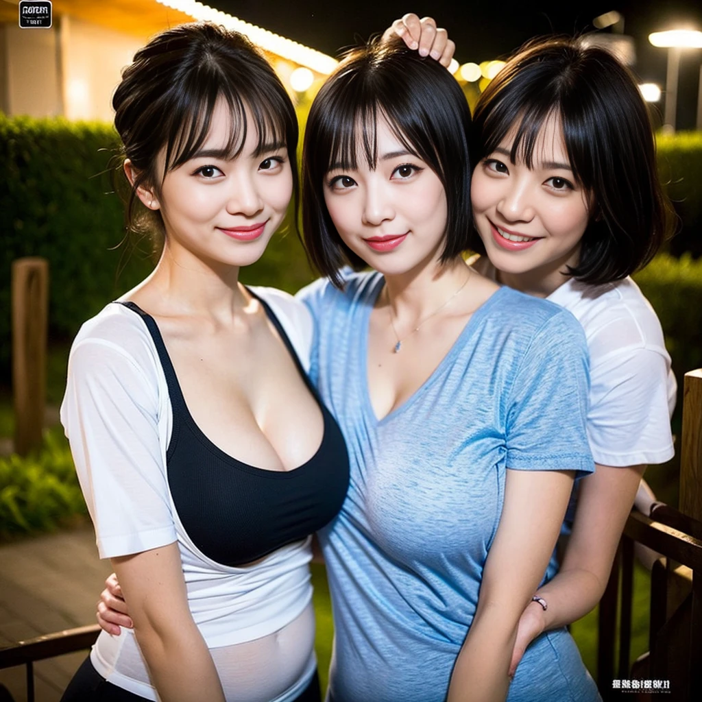 ((super high quality、High resolution、masterpiece、 Anatomically correct、Super detailed photos、Ultra-realistic photos、 Highest quality))、(3girs)、looking at viewer、Hotel room with a night view、Large window with a night view、、Three girls holding each other close、(cowboy shot)、(white Tshirt:1.2)、short pants、((from front))、(large breast)、Small waist、Detailed face、Perfect figure、black hair、Short Hair