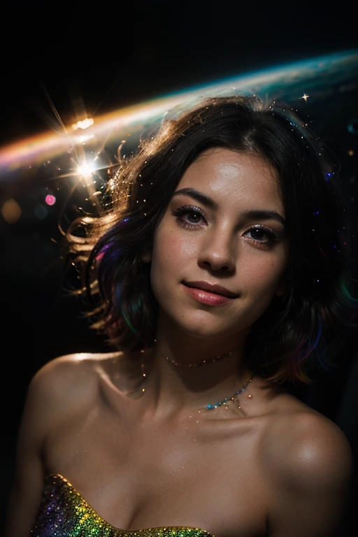 teenager feen, freckles, topless, smiling, braces, in the night time, very mystical place, colorful prisms fall from the sky and shine in all colors, Very realistic skin, very detailed background, lots of glitter in all colors, glittering fairy dust, Glowing tattoos