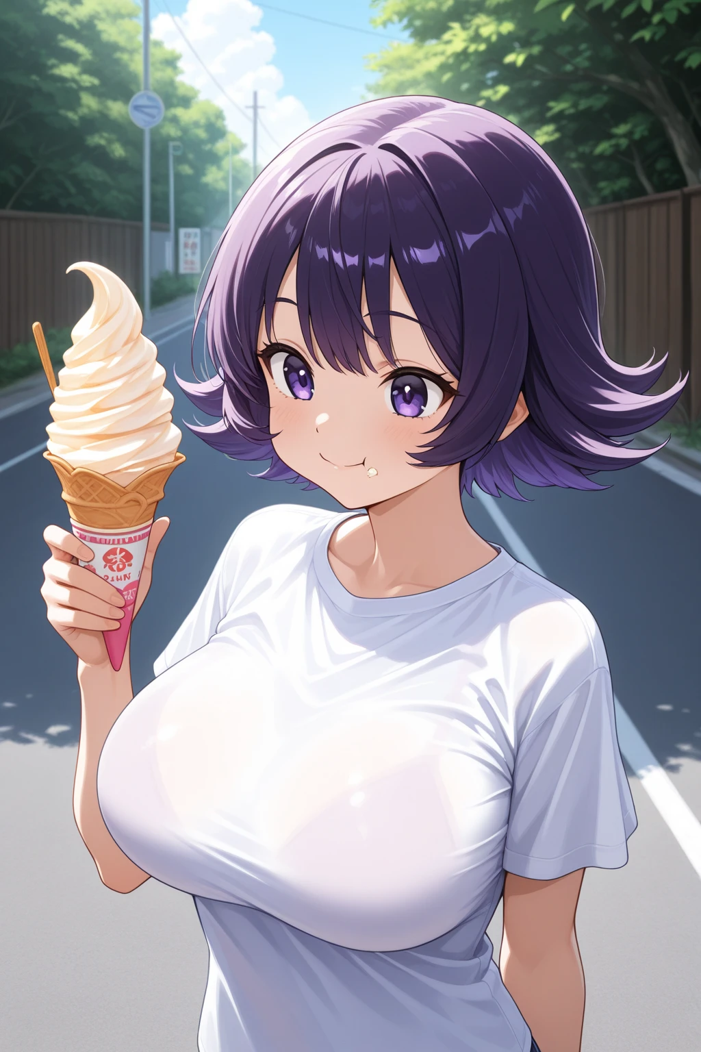 1 girl, small nose, very beautiful detailed face and eyes, bright colors, cute face, delicate beautiful face, Bright magenta eyes, cute eyes, sparkling eyes, Big eyes, (small breasts:1.3), (perky chest:1.1), (pointed chest:1.0), (icecream magazine cover:1.3),highest quality, WorKs of masters, High resolution,BlacK color hair,shiny hair, side ponytail,hair between eyes,bangs, (black jacket, real clothes, cleavage, black skirts, black thighhighs, thigh strap, fingerless gloves, single glove:1.2) , spread legs, panties shot, medium hips, glamorous body, white skin, smile, thin pubric hair, super beautiful face, Super beautiful eyes, Super beautiful hair,trendy outfit,sexy and attractive,full body esbian, Real World, Natural light,perfect Natural light,(with sparkling eyes and a contagious smile), This masterpiece is not only visually stunning but also tells, make of cake cooking , in the kitchen, open mouth, looking at viewer,