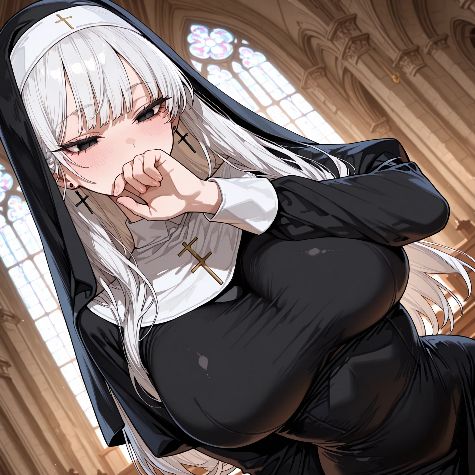 Anime Girls, (masterpiece, highest quality, 8K ultra-high resolution:1.4), beautiful detailed eyes, ultra-detailed, cowboy shot
1girl. solo, mature, adult, milf, facing viewer, looking at viewer,
silver hair, (hair over one eye:1.4), ((fox_ears:1.2)), silver fox_tails,
smile, blush, horny, sweat, nervous,
((nun:1.2)), gigantic breasts, big butts, thick thighs,