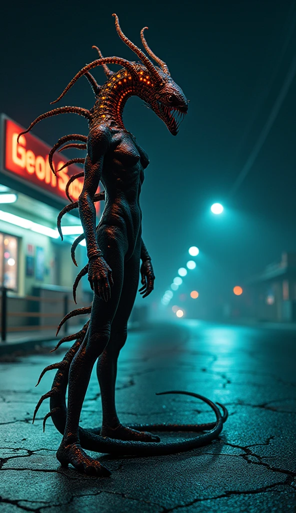 photo, female xenomorph in dynamic pose, laughing, cyberpunk street, wearing trench-coat, red-skirt and black tube top (red-lips:.9), at night, blue police lights, vibrant-neon signs, high saturation, highres, ultra-detailed, high-quality
