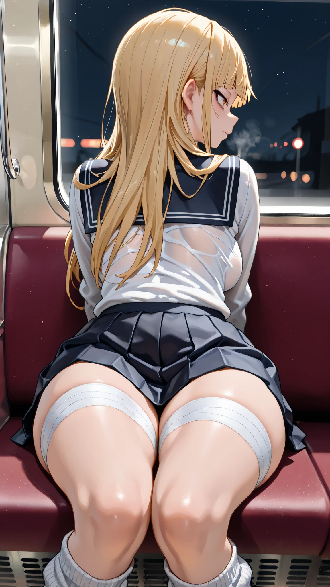 (((Lower Body))、(((Accentuate your butt、Shiny underwear)))、Highest quality, 8k, masterpiece :1.3)), whole body, Sharp focus :One Girl,Glowing Skin,Sexy pose,Highest quality,Tabletop,shape,Very delicate and beautiful,Hmph,8k壁紙,wonderful,In detail,Official Art,Very detailedなティッカーUnity 8k壁紙,Unbelievably ridiculous,Large file size,Very detailedな,High resolution,Very detailed,Beautiful detailed girl,Realistic,X-ray,The queue is full,(((Uniform Blazer、mini skirt)))、(((Big Breasts、blonde)))、(((train、trainの椅子に座る、On the way to school)))、Stand upright、Cleavage , ((Long golden hair))、Uniform Blazer、exy pose、Hairstyle: Short hair、both hands、