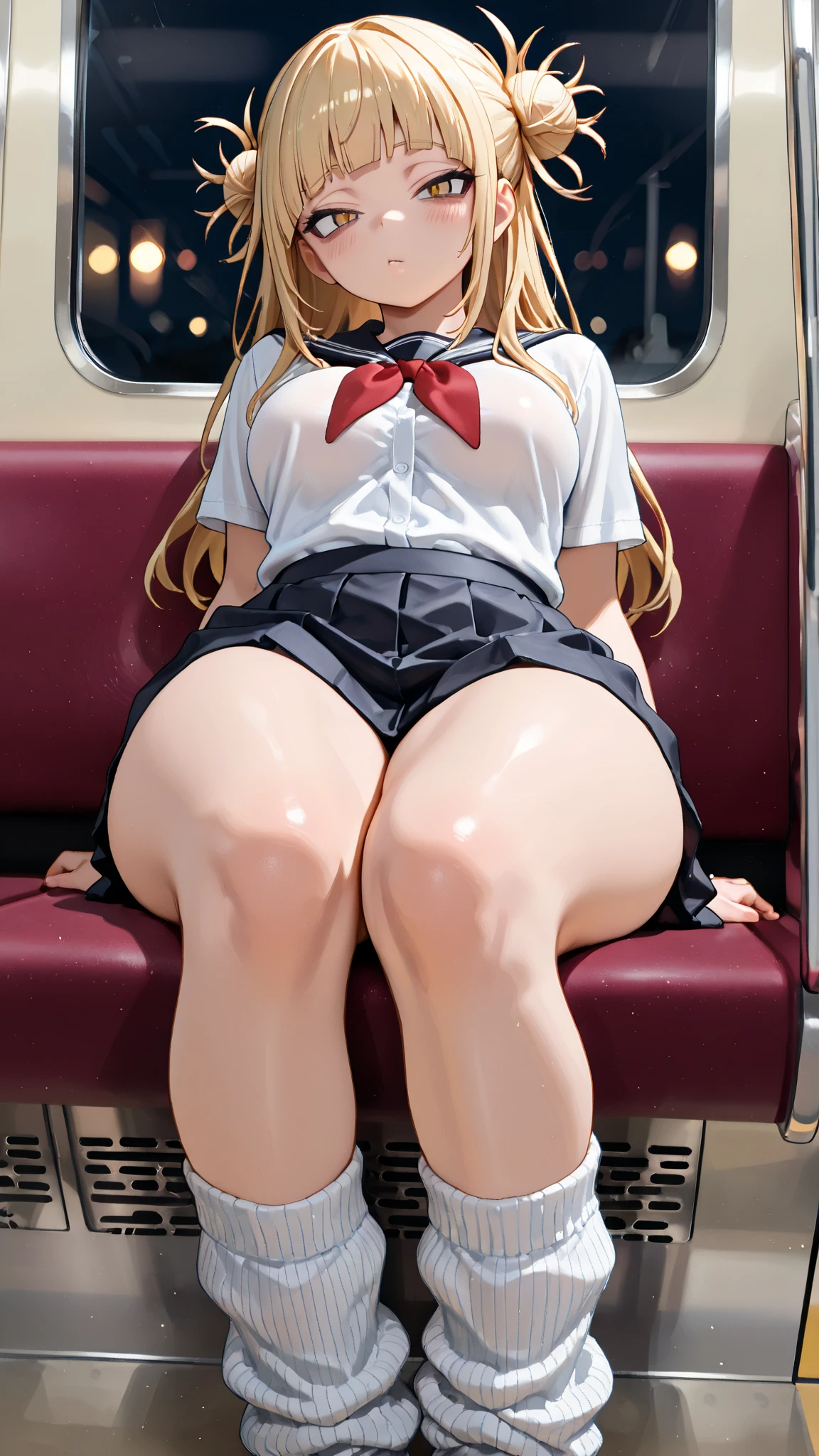 POV male own lower body on the girl, A girl leaning her back against your chest, the viewer, top to bottom from above view, head back looking up from behind view, ((upside down from above, A bird's eye view of the entire girl)), on the train, back, buttocks, viewer's own abdomen and penis, sex, open legs upright straddle viewer's abdomen, standing girl for Back style sex Rape, Runs very smoothly, (Masterpiece, Super realistic, Super details, Super Highest Quality, Super Highest Quality), super cute and beautiful girl, You are male professional photographer, Japanese gal, For dark brown eyes, Blonde yellow hair, Pink ribbon, gal make-up, False eyelashes, Pearl pink lips, Unbuttoned out Hemmed sailor red open collared open front white shirt, (Very thin shirt:1.3), beautiful side face focus, big open mouth, (brown eyes:1.4), big round chest, BREAK, (Half down two side up blonde very long hair style:1.4), (Wider at the hem flabby large in size Super Loose Socks:1.4), An innocent 16-year-old girl, (skin fang:1.2), realistic cute Japanese girl, standing pose, wear white unbuttoned shirt, low-rise pleated plaid micro mini skirt, Japanese cute girls, long hair, blonde hair, two side up, hair ribbon, pink ribbon, frills, opened sailor collar, necktie, white shirt, long sleeves, red skirt, from below POV, (shirt trimmed with white frills:1.4),
