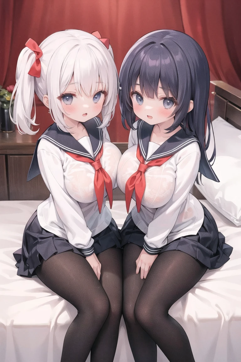 (8k, 最high quality)、Ultra-high resolution、adorable、最high quality, beautiful, Absurd beauty,((Two Girls,  twins)), Semi-long, Black Hair、Brown Hair,Dark brown eyes, Open your eyes, Healthy Skin, Hair Ribbon、uniform、 14 years old,  (cryin) ,Cute Characters, Most detailed, high quality、(missionary, boy, penis, lying, vaginal, ass pov, sex, nsfw)、nose blush、steam、Oblique angle、Shiny Hair、Very fine and beautiful bright eyes、be scared、Very detailed, clear and beautiful face, Being stripped of clothes、Slender body、Awards, Anatomically correct、((Scared))