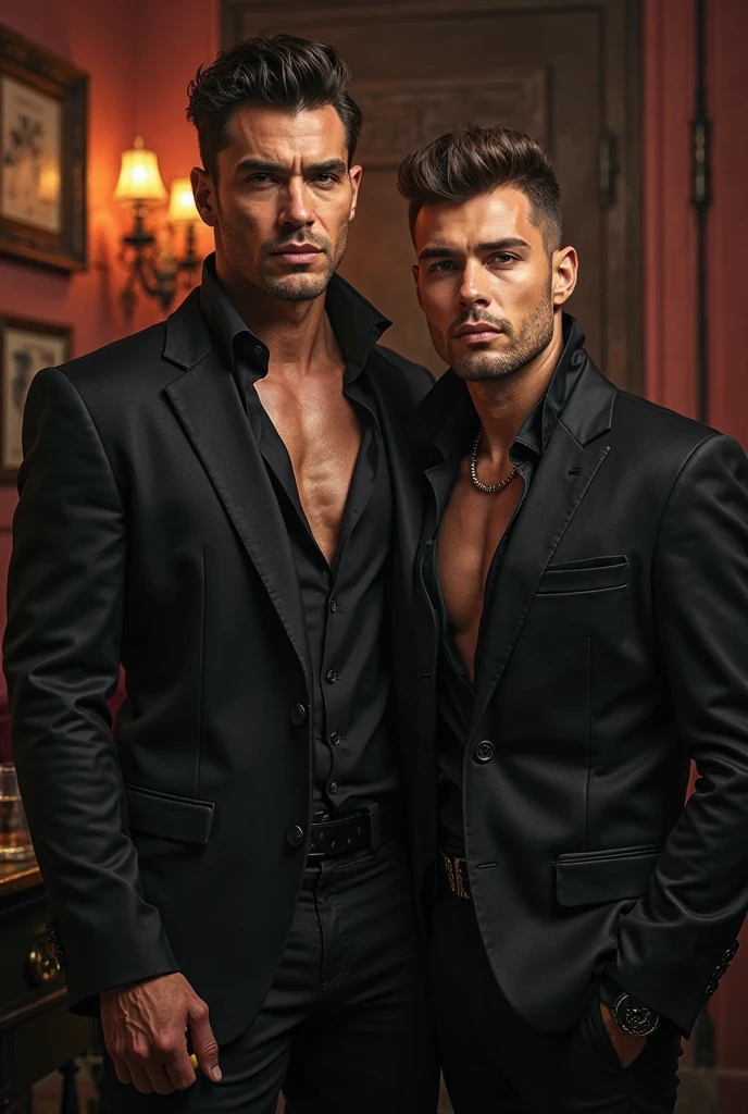 Three 35-year-old European men, like young male lovers, blue eyes clear,Full chest muscles,swelling of chest muscles,Sexy and charming eyes,they are together, Everyone is wearing stylish black leather pants,all topless, they are posing for fashion editorial, photo shoot, Face, Pop music, fashion editorial, Our view of them is from shoulders to head, garden,Ink flower background