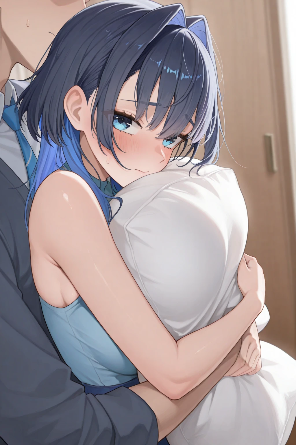 ((Highest quality)), ((masterpiece)), (detailed), (Perfect Face)、The woman is Akane Kurokawa, with blue bob hair, and she is embracing a middle-aged fat man, having sex with him and making love to him while he puts his dick in her pussy.