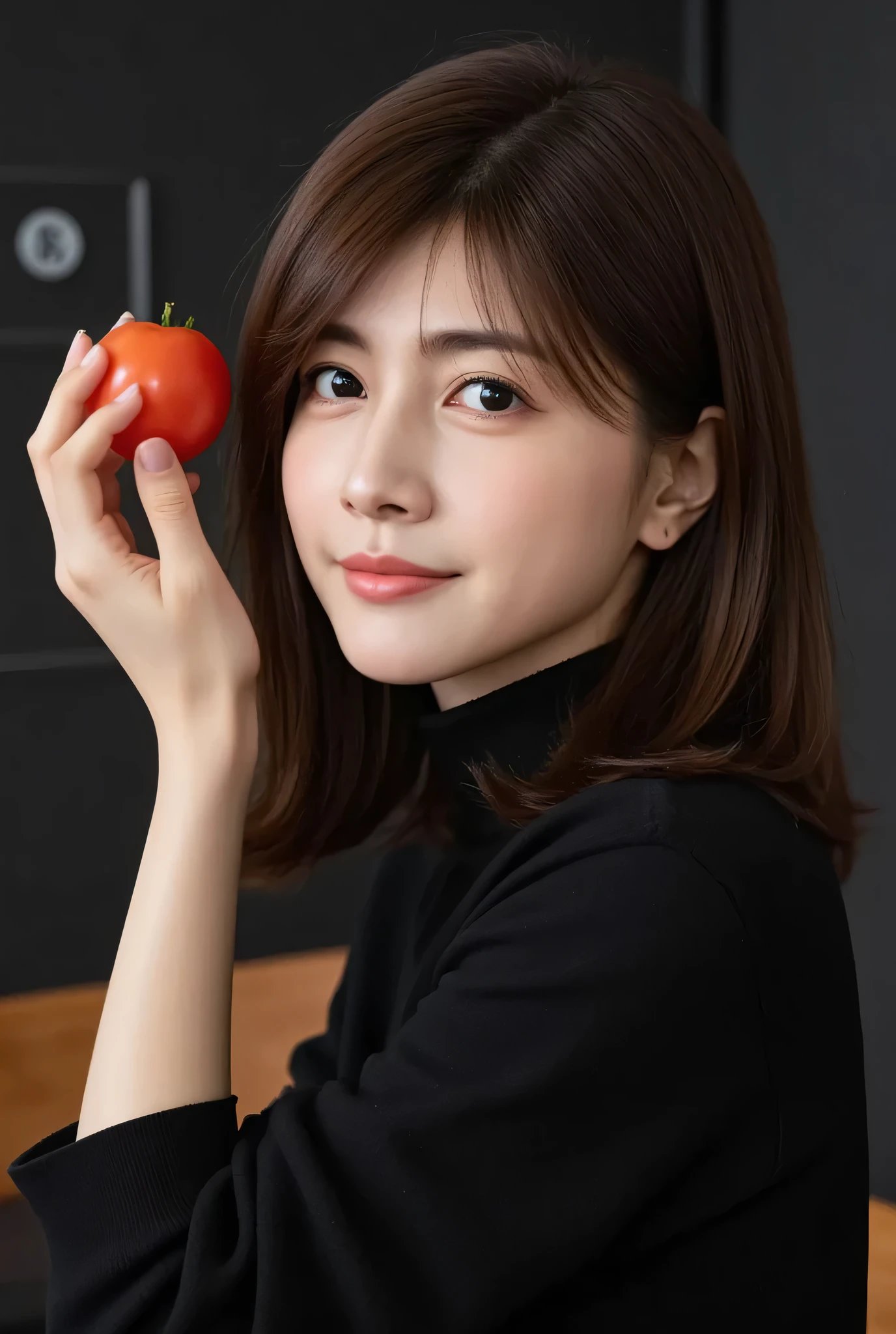 (((face close-up)))、(((Brown straight short bob that reaches her shoulders)))、(((She poses like a model in a hair salon, Indoor black wall background  .)))、(((Casual black winter long sleeve outfit)))、Half Japanese, Half Korean、18 years old、standalone、Headlines just before landing at sea、light eye makeup、brown hair、 flat at honey 、Fluttering in the Wind、Quality of actress、Glossy, Hyperrealistic Face、face smiling from waist up、teary eyes、Look up  、Modest Lighting Effects、 super realistic capture、very detailed、high resolution 16k close-up of human skin holding a small tomato in hand。The texture of the skin is natural、Details where her pores are clearly visible、The skin is healthy、Even Tone、uses natural light and color、  worn out  , high quality photo taken by a model agency'In-house photographer  .、smile、(((   SIGMA 300 mm F   /1.4,1/ 1000 second shutter ,ISO 400))),Yuki Uchida