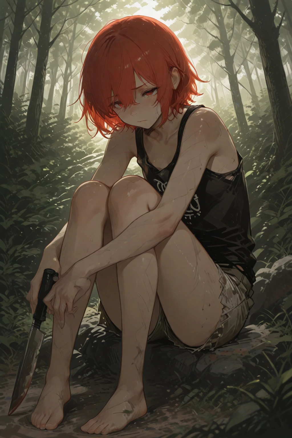 1girl, short red hair, chartreuse eyes, wearing plain shredded shirt, denim shorts, holding knife, forest, absurdes, high res, ultrasharp, 8k, masterpiece, looking at viewer