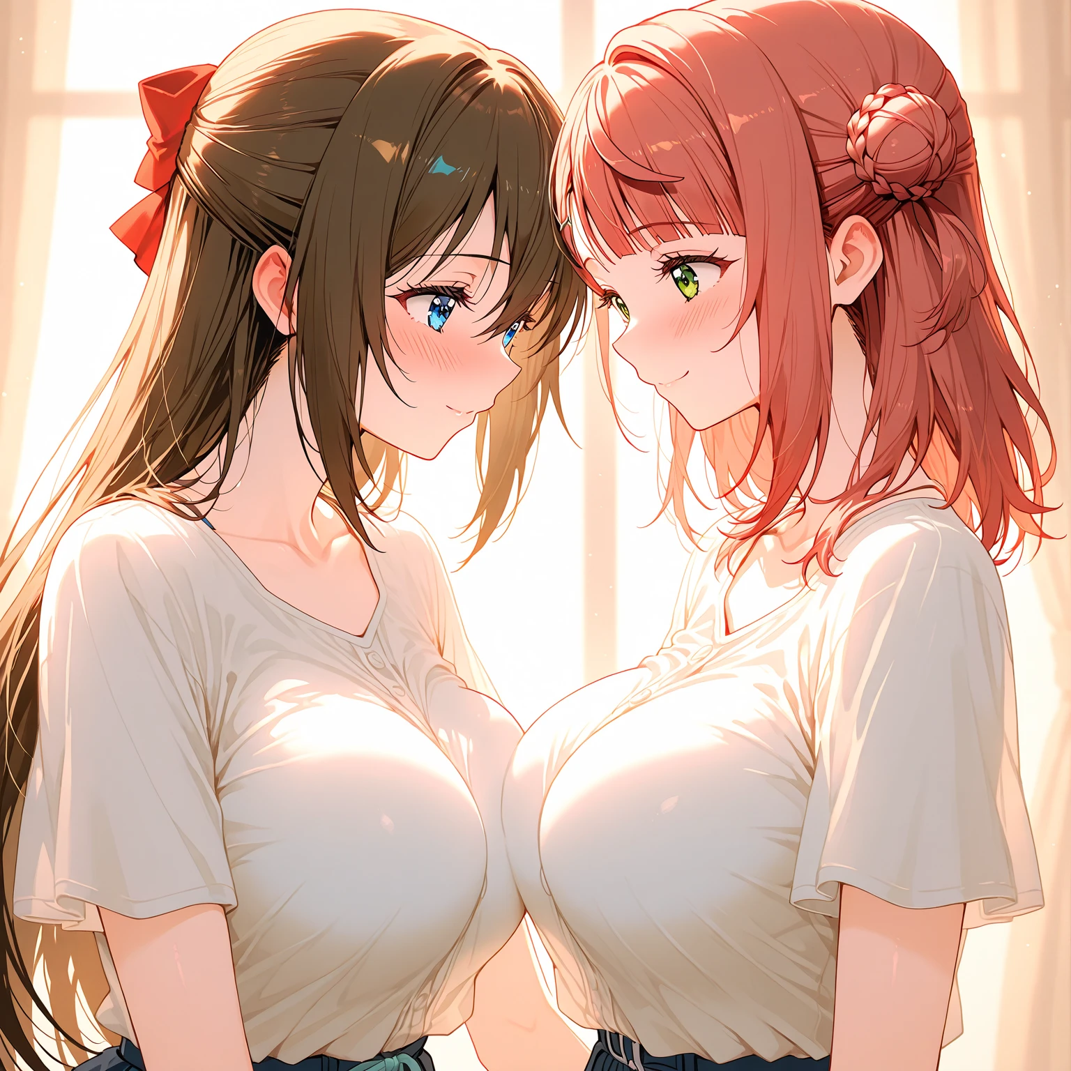 巨作、Top  Quality、Hi-Res、clarification、symetrical、1girll、Rift skirt、(kneels)、(naked shirt:1.5)、、(t-shirts:1.5)、(Breast cleavage:1.5)、delicate and beautiful、perfect face、Beautiful Detailed Eyes、Light white skin、real human skin、Pores、(Middle breasts: 1.5)、narrow waist、((thin leg))、Cherry blossom background、Red hair, long braided hair, golden eyes,makima