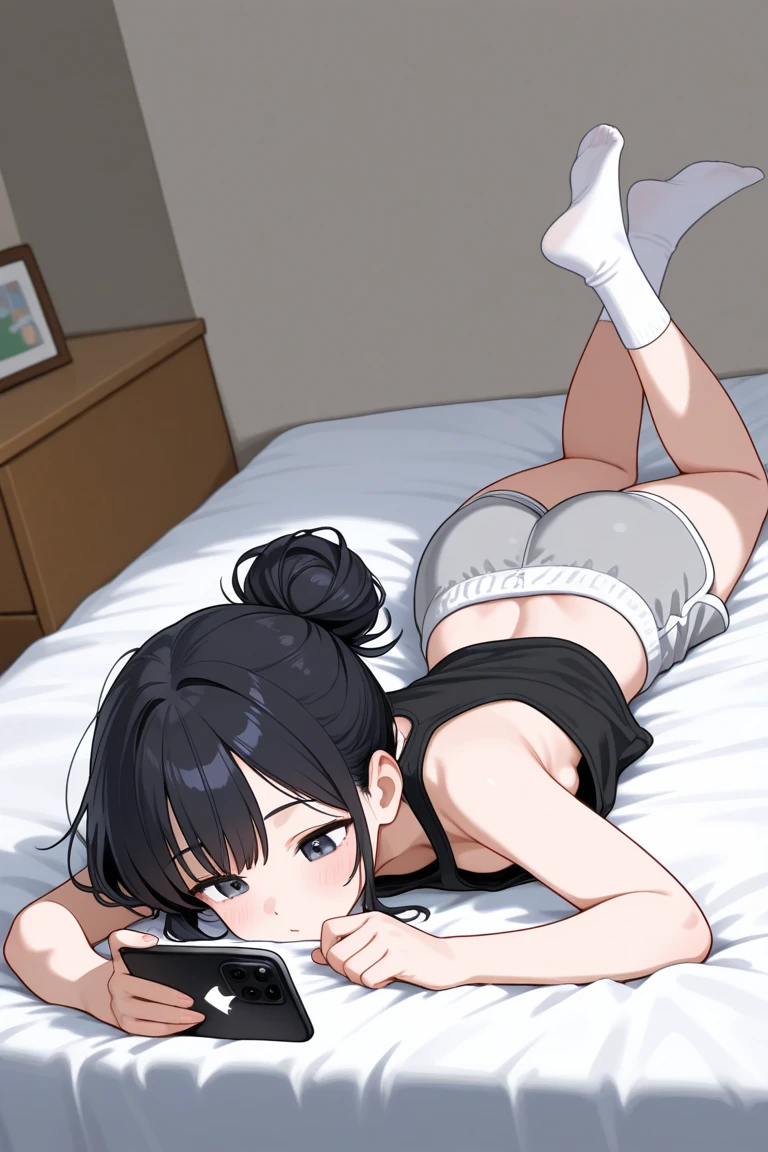from below, holding smartphone in front of covering face, sexy bra, pantie, navel, (((white background))), huge breasts, on floor, m legs, spread legs, nude, 