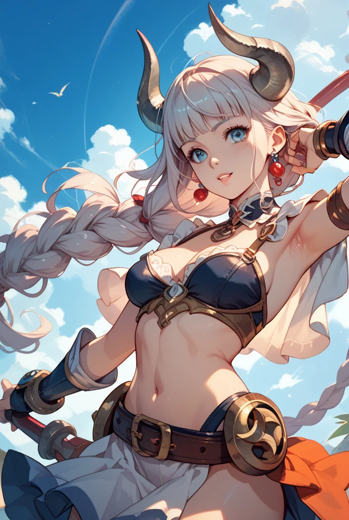 sketch,(defined line),detailed light,((cinematic lighting)),(very detailed face),(very detailed eyes),(((masterpiece))), best quality,perfect eyes, masterpiece , beautiful face, ultra detailed, highres,perfect hands:1.5,(CGI),((official wallpaper)),(realistic:1.2),(light rays),(perfect body:1.5),extremely detailed face,(HDR:1.5),Jewel-like eyes,best quality,emphasis lines:0.4,(skindentation:1.3),detailed gorgeous face, ((beautiful girl:1.5)), olive skin:1.5,(( extremely detailed, hyper detailed)),thick eyelashes,long eyelashes,looking at viewer,(nidy:1.7),round eyes,2d,toon \(style\),
kawaii appearance,<lora:barioth_armor-set:1>,barioth_armor01,
small girl, 1girl, solo, long hair, breasts, blue eyes, blonde hair, gloves,panties, white hair, hairband, horns, midriff, belt, armor,pith helmet, white panties ,gorget,
mountainous horizon, snow, snowing, outdoors,(from behind:1.5), snowy land,monster girl, monster hunter \(series\),