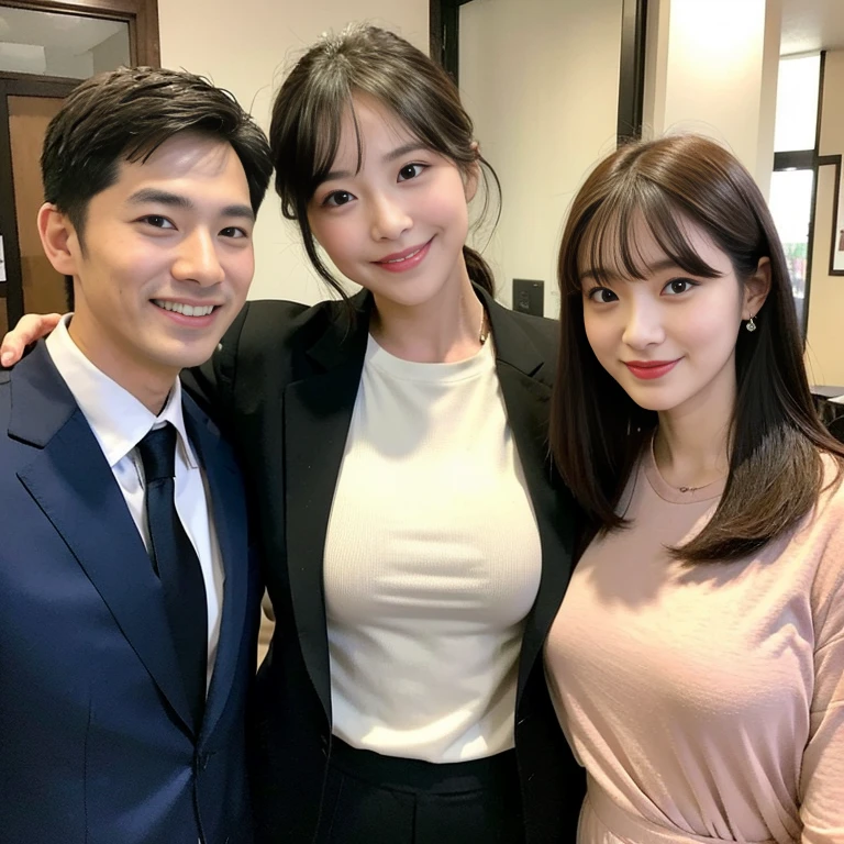 (Super sexy Korean aunt walking with her bodyguards:1.2)(grin,Smile)(Beautiful Sweat:1.1)(16K, RAW Photos, Highest quality, masterpiece: 1.2),(Beautiful curly black hair:1.2) Super detailed, Super Resolution, (Genuine, Genuine photos: 1.37), Portraiture, High-resolution RAW color photos, Professional photos, Very detailed, 8k wallpaper, Very detailed CG Unity 8k wallpaper, Very detailed beautiful girls, Very detailed faces, ((whole body)), beautiful woman, Huge breasts,(huge boobs:1.1) (Big Boobs:1.1), Beautiful Wife (High-end short-sleeved black tailored jacket),, (Actress-level beauty)(Beautiful aunt:1.1)(office)(41-year-old female president:1.2)(See-through bra:1.1)(40years old)