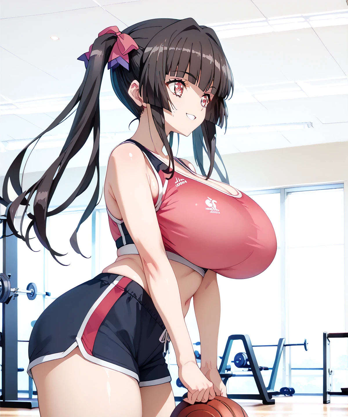 1 girl，Plump body，Extremely huge，in  the gym，Ride on a giant balancing ball，sweat profusely，