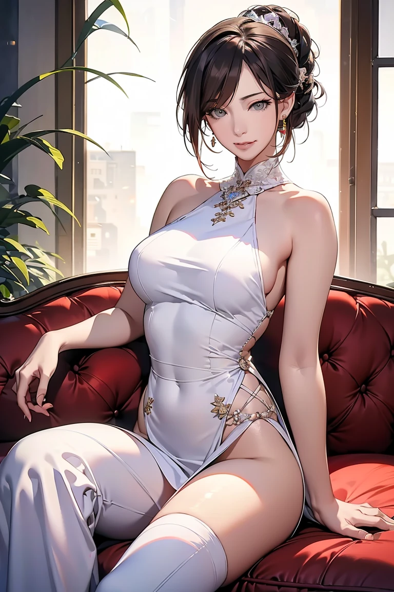 ((masterpiece, Highest quality)),Best aesthetics,One Girl, A luxury resort hotel with a view of the summer sky from the window Sitting sensually on a hotel desk (Full body portrait) Bright room Bright summer hotel room Beach view from the window Graceful pose Lewd face Graceful pose Captivating look A look of contempt A look of contempt Sexy Body Clear Eyes Round eyes office lady Japanese women Manga illustration Beautiful and firm breasts Beautiful E Cup Breasts the body is slim Highest quality 4K Chignon Hairstyle Hair tied up Medium Long Hair light brown brand hair ornaments necklace 黒いHigh heels Seductive pose garter belt Earrings (She is wearing a sexy white lace floral dress) Sexy see-through white floral lace bra,White see-through thong with obscene embroidery Sensual beige stockings with floral print (Attractive 30 year old Japanese widow,)High heels flashy necklace Fine details Beautiful anime illustrations Beautiful Face alone High resolution, One Girl, Highest quality, Attention to detail, Slightly parted lips Seductive red lips Professional, Vibrant colors, Perfect Anatomy, ideal facial features, Ideal Professional Portion Diagram, Perfectly beautiful body, Highly detailed skin, Glowing Skin, Glowing Skin, Cleavage, Captivating smile)),Miss Soapland Mature hot body Sitting in a luxurious chair Sparkle Effect, Anime Style, photograph, Attractive nail art A sophisticated gravure idol Young Sensual Gravure Idol Gorgeous Korean Model