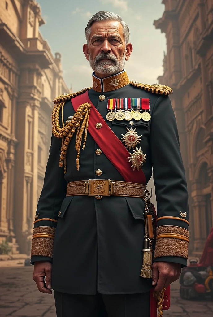 Colonel Sanders as a dictator. Red and White KFC flags in the background and all around. Dystopian image, soldiers standing at attention listening, war planes flying overhead