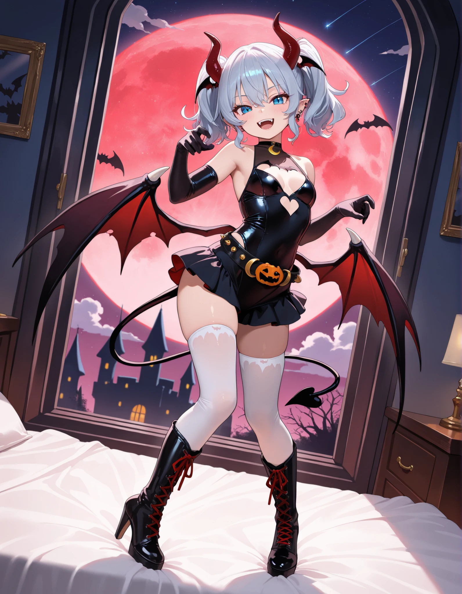 (full body)((dynamic pose)) vampire queen, pale skin and glowing eyes wearing gothic lingerie, with a bloodthirsty smile and blood on the face, perfect body, blood moon in the background, scene is set in a city street seen from below with lots of bats, medium shot