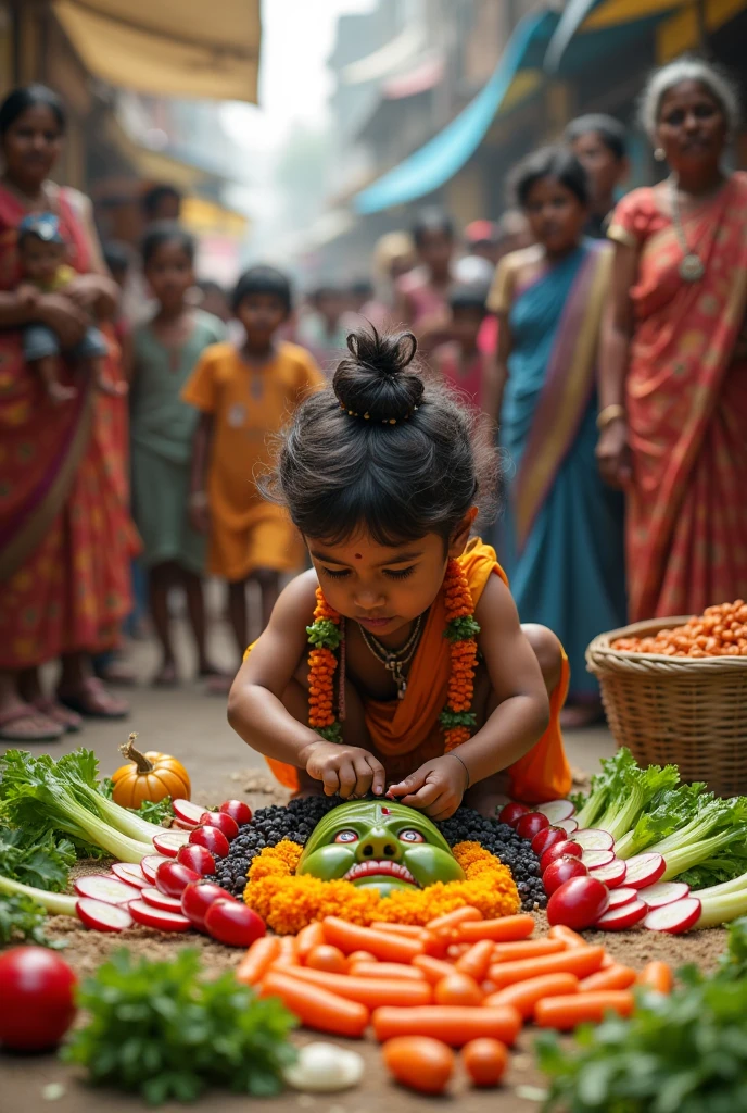 A small child making an idol of Bholenath from vegetables in the middle of the market.