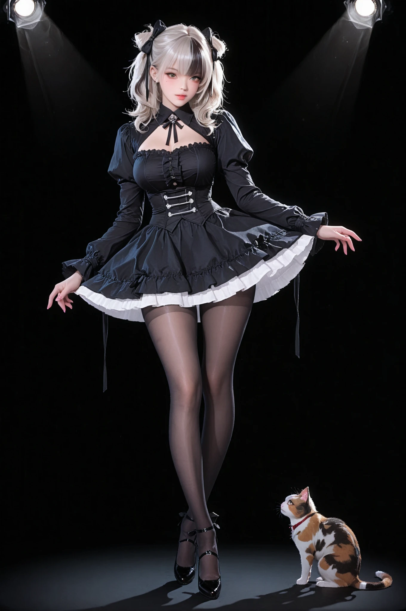 8K,Masterpiece,One woman,Smile,30 years old,blue eyes,White Hair,Short Bob Hair,(Gothic Lolita),Dutch beauty,Ella Freya（Ella Freya),(White panties),2b, short hair, Knee socks, gloves, Long sleeve, dress, Slender figure, Cleavage, Small breasts, Gray Hair, hair band, boots, Puffy sleeves, black Knee socks, Black footwear, Mole, black dress, High heels, leotard, Clothing cutouts, thigh boots, Cleavage cutout, black hair band, Juliet Sleeve, high heel boots,Levitation,