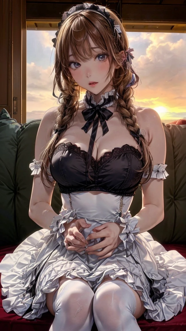 Adult, long brown hair with bangs, blue eyes, knife, yandere, bloody, vampire 