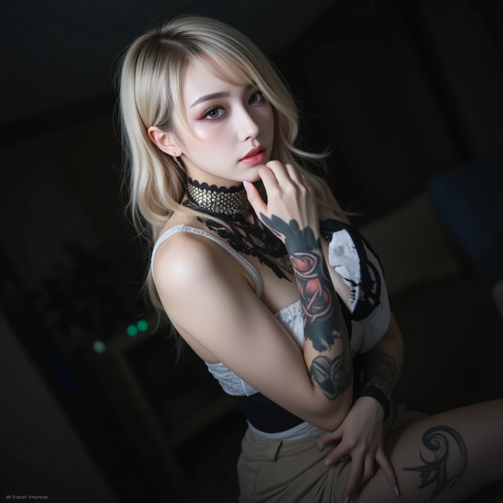 （The tattoo:1.8)、（Off-shoulder special attack suit:1.8）、girl with，Bad girl、a blond、japanes、face perfect，Wear stiletto heels，With tattoos，Posing，nffsw，incredible detailed，Ultra-realistic realism