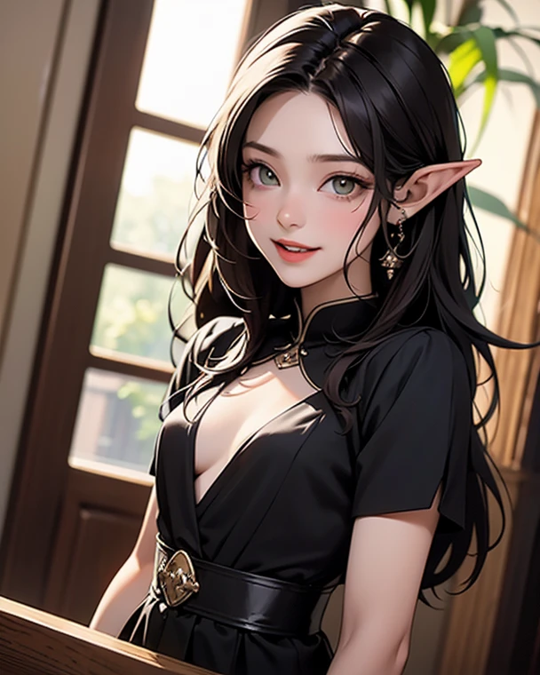 ((Best quality, masterpiece, 4k, best anatomy)), cute girl, (violet hair), ((very long curly hair)), perfect face, (yellow eyes), ((?????)), ((flat chest)), ((21 years old)), skindentation, extreme detail, attractive angular face, red lips, pink nipples, glossy skin, detailed hair, face focus, close-up chest, ornamental gold necklace, gold earrings, ((1 girl)), embarrassed expression, elf ears, innocent smile, ((slender)), anime girl, 3d rendering,