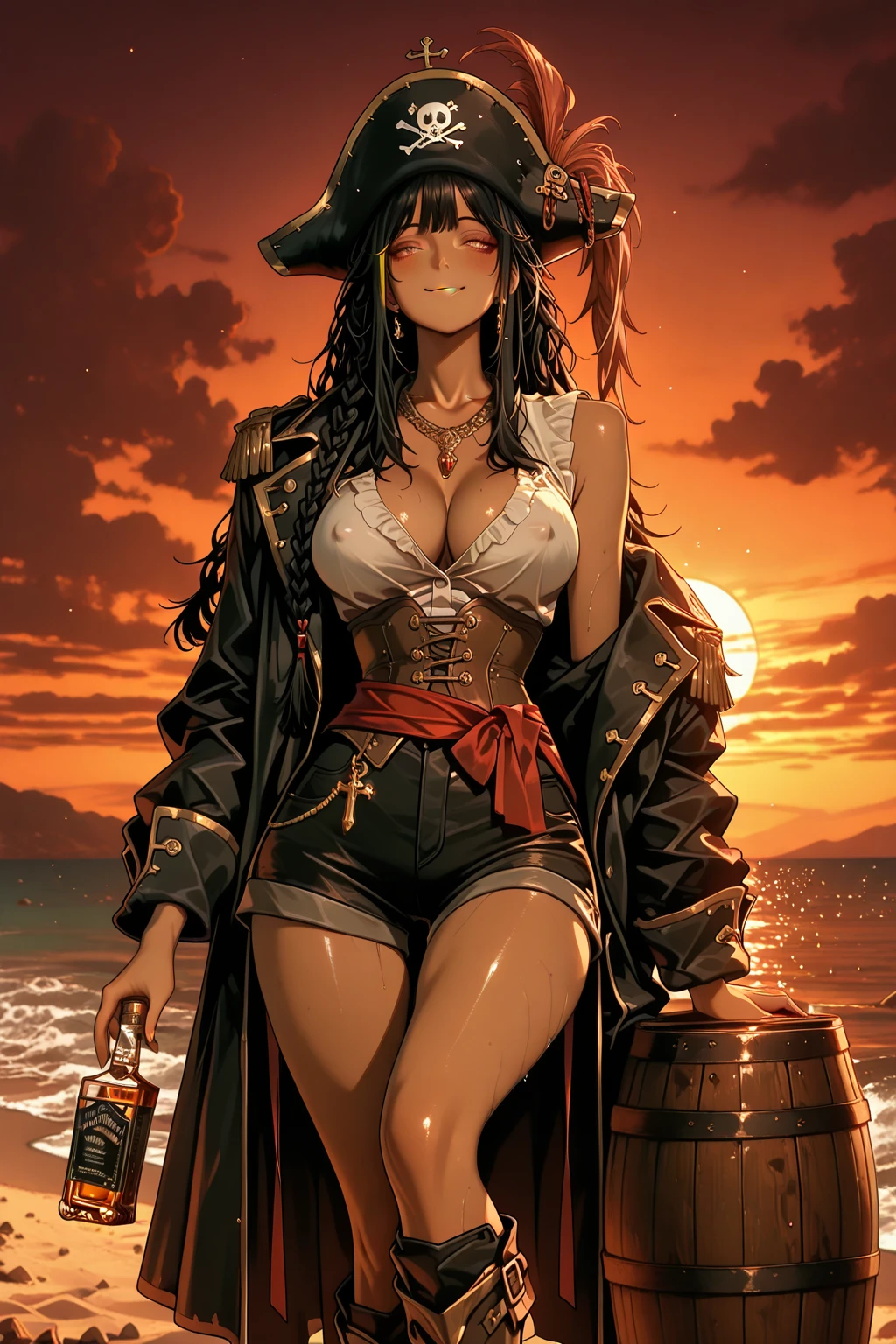 ((determined ((dark-skinned ((Haitian)) female steampunk pirate)) outside rolling up herbal joint, (wearing detailed flowing outfit), (cannabis flower tattoos on arms and legs), high quality photo, relaxing and smoking on pirate ship (with copious tall cannabis sativa plants surrounding scene during foggy sunrise), masterpiece, highly detailed, perfect face