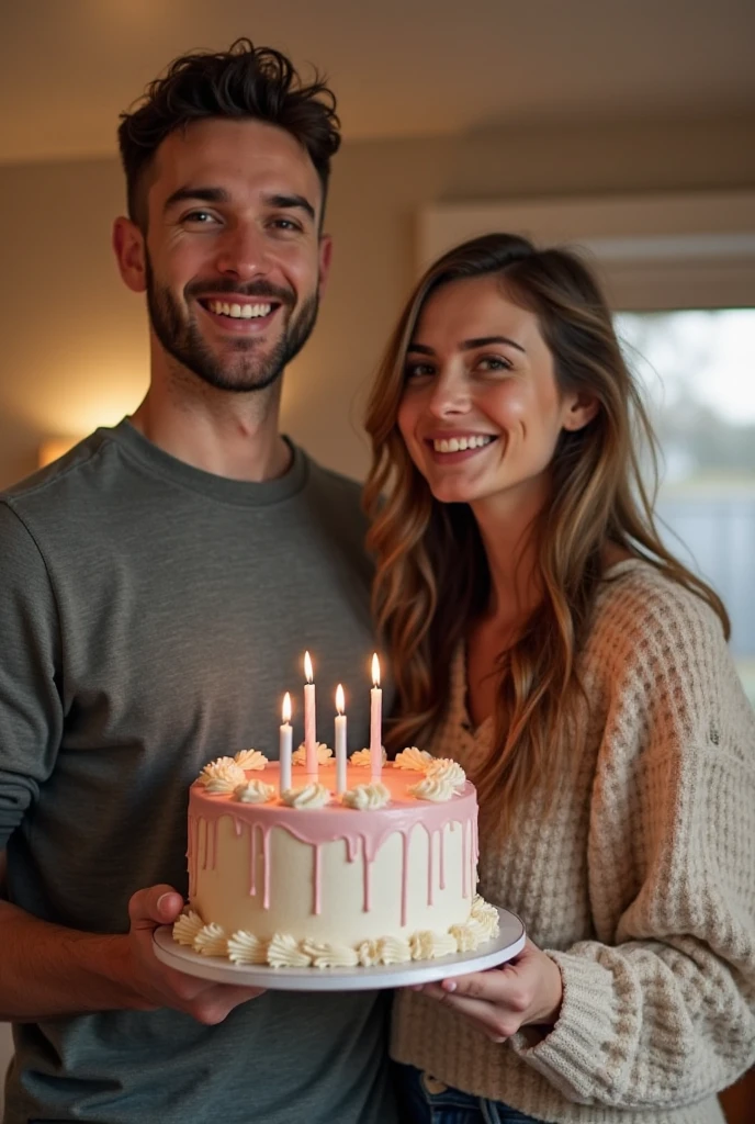 A handsome man with a thin beard and athletic body wearing a tight shirt shoing a full arm tattoo blowing a birthday cake candles with marvin letters written on it on his 45th birthday surrounded with his beautiful gorgeous elegant sexy wife jn a gorgeous dress,  beautiful teenage daughter and handsome teenage boy in their fancy ,expensive and luxurious living room, laughing, giggling, joy , happy family, happy ocassion, family event, clapping hand, celebrating husband burthday,  heart warming , romantic , fun, wife kissing husband, Photorealistic, Ultra realistic, detail face, candle number 45
