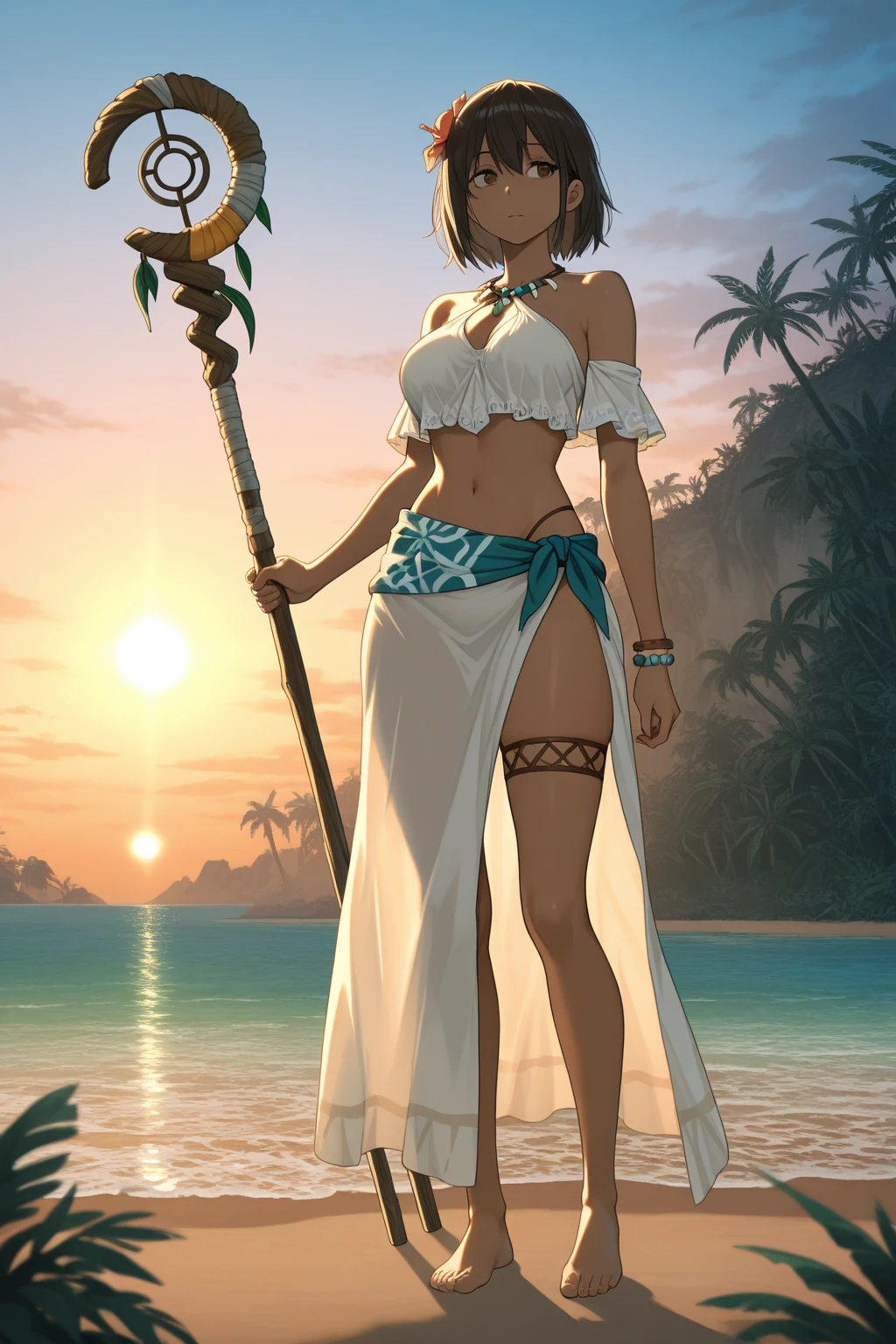 masterpiece, ultra detailed, 8k portrait, RAW photo, girl's portrait photography, highly detailed face, beautiful and meticulous eyes, ((Fantasy)), young beautiful, 15 years old, (princess:1.5), Tight eyes, dynamic pose, (((dark brown Very short haircut))), (((Brown skin color))), Luxury, ((white separate bikini and long loincloth)), (((shorts))), (((transparent white silk long cape))) fluttering in the wind, (((sandal))), wearing lot of many accessory, neckline, Midday Sun, hyper realistic, sweaty, athletic body, beautiful real sculptural body, (((flat chest))), Long legs, in the beachside desert, Ambient lighting, Shadow details , Camera focus on thigh, strong breeze, Light fog