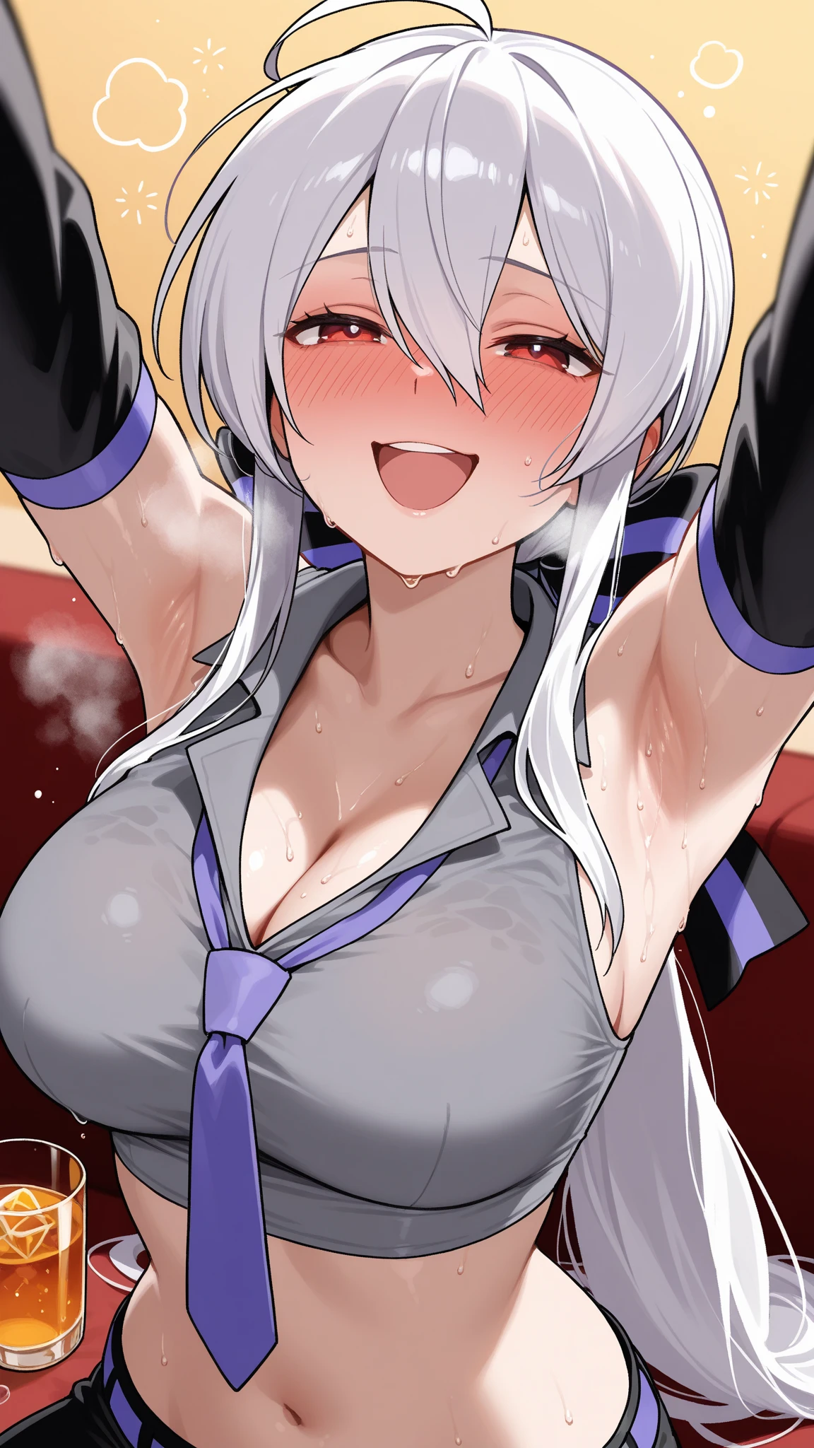 ((Perfect body,))((Super beautiful,))((High quality,)), (sweaty,) (wet all over,) blush,saliva, steam,(((reno \\Azur Lane\\,Silver hair,purple eye)))),collar,pov, Looking at Viewer,gigantic breast,nipple,fellatio,blowjob, deep throat,Titty fuck, pinch penis between breasts,paizuri,cum onm face and hair,Smile,