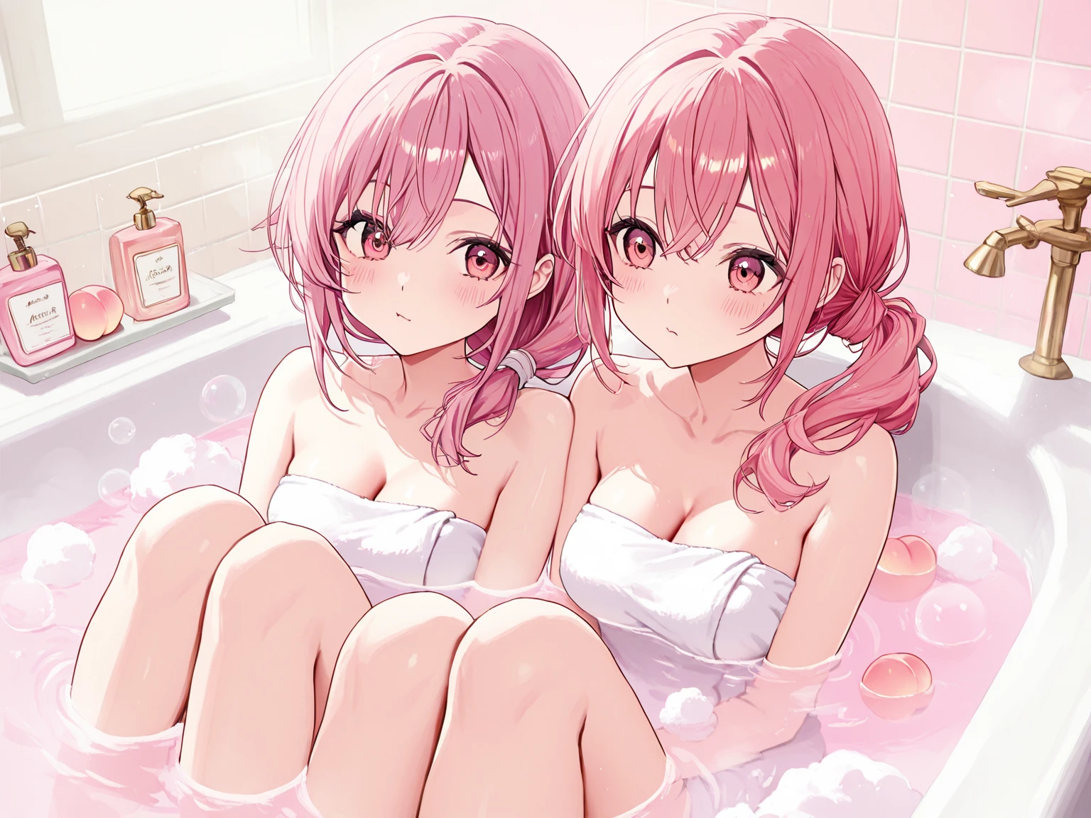Two twin sisters I have white pink hair, cat ears, A good, my face is super red, black glasses, pink eyes a bikini a cat tail, a woman. very shy sitting in a pool her feet are inside
